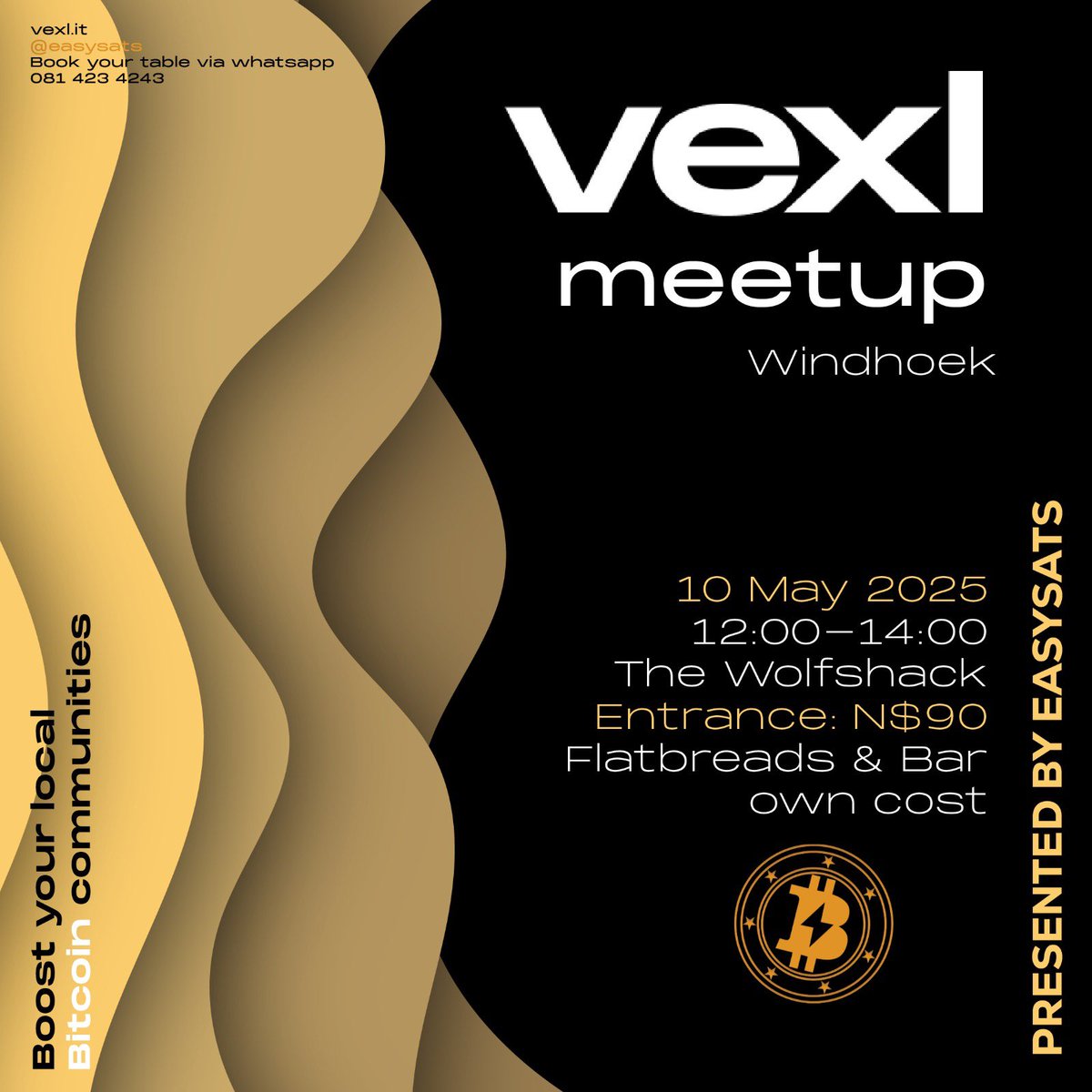 EasySats | Namibia | Bitcoin (@easysats_) on Twitter photo ๐ Peer-to-peer Bitcoin: No exchanges, no barriers.
Experience true economic emancipation at The Wolfshack!
๐๏ธ 10 May | ๐ 12:00โ14:00 | ๐ The Wolfshack, Windhoek
๐๏ธ N$90 | ๐ Flatbreads & Bar (own cost)
๐ Book your table: WhatsApp +264 81 423 4243 
#P2P #Vexl #Windhoek ๐ Peer-to-peer Bitcoin: No exchanges, no barriers.
Experience true economic emancipation at The Wolfshack!
๐๏ธ 10 May | ๐ 12:00โ14:00 | ๐ The Wolfshack, Windhoek
๐๏ธ N$90 | ๐ Flatbreads & Bar (own cost)
๐ Book your table: WhatsApp +264 81 423 4243 
#P2P #Vexl #Windhoek