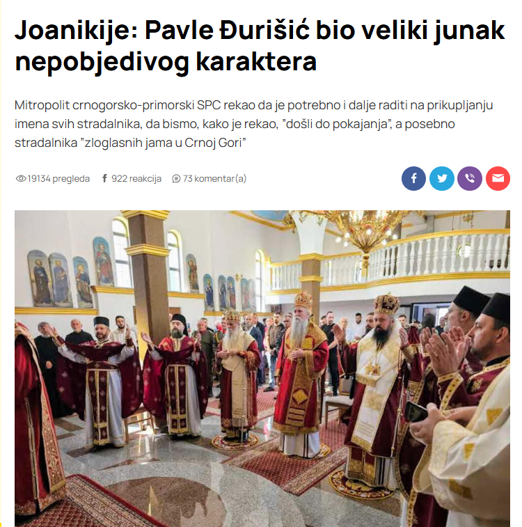 Mitropolit Joanikije je nazvao Pavla Đurišića "velikim junakom nepobjedivog karaktera". To je sramna izjava koja glorifikuje verovatno najvećeg zločinca koga su Srbi imali u skorijoj istoriji i nesumnjivog saradnika fašističkog i nacističkog okupatora. Đurišićevi četnici su 👇