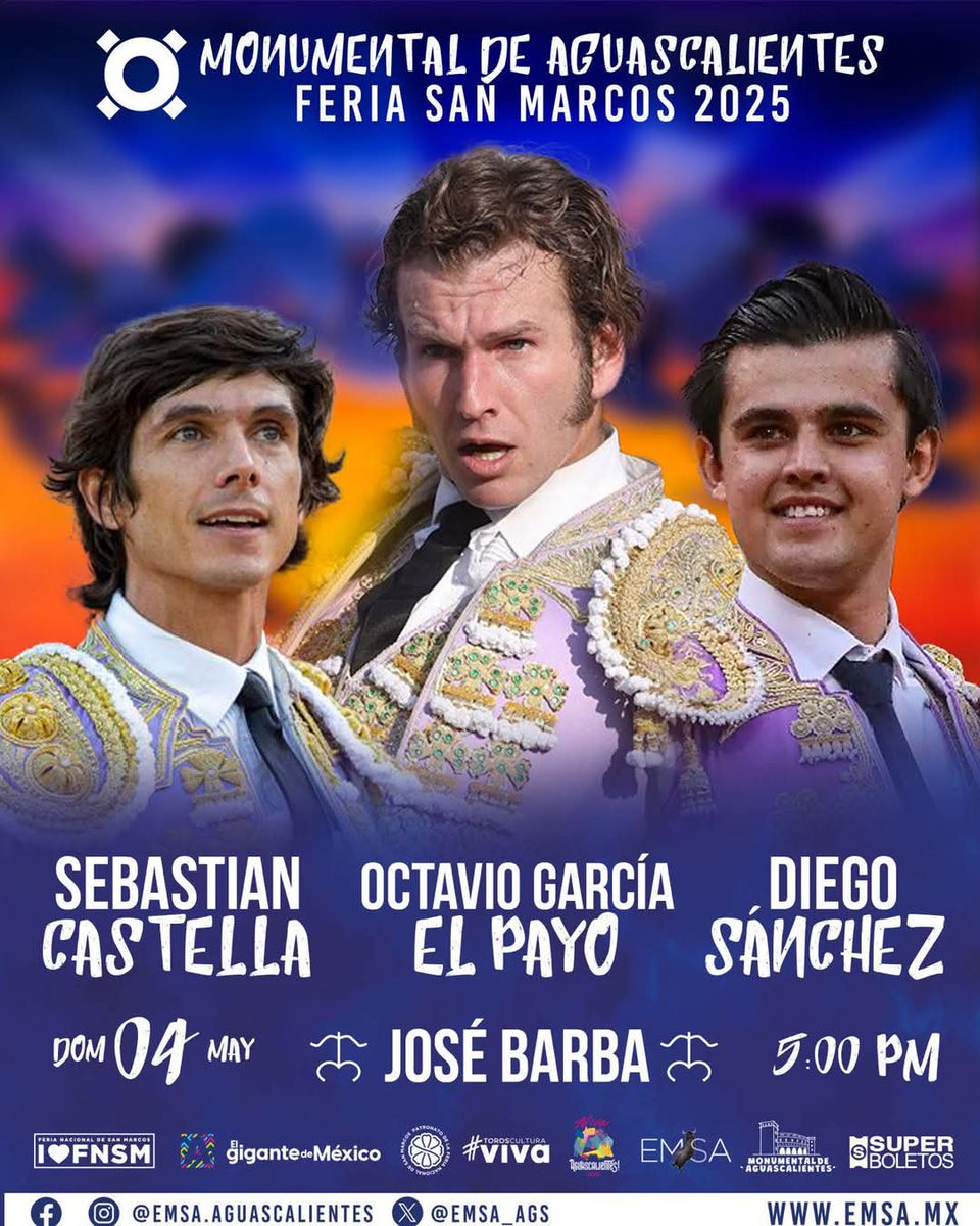 Hoy Domingo 04 de Mayo
Sebastian Castella
Octavio García El Payo
Diego Sánchez 
toros José Barba 
5:00 PM