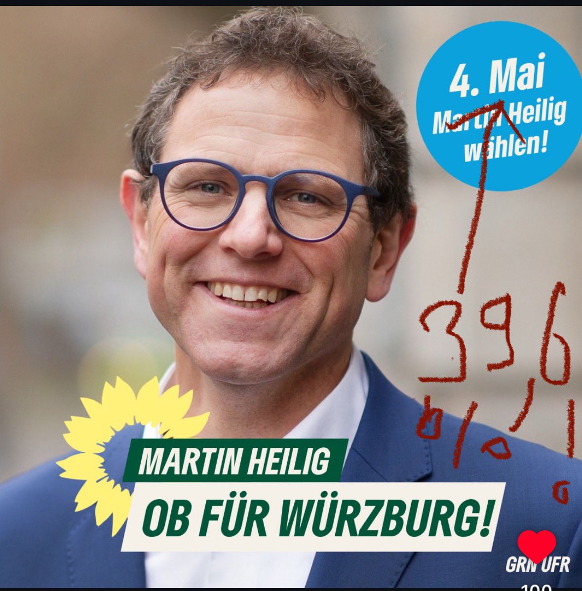 Glückwunsch nach #Würzburg‼️

Martin Heilig im ersten Wahlgang 🗳️ weit vorne mit 39,6%! #CSU zweite mit nur 23,9%.

#toitoitoi für #Stichwahl‼️

#GRÜN 🌻🌻🌻
