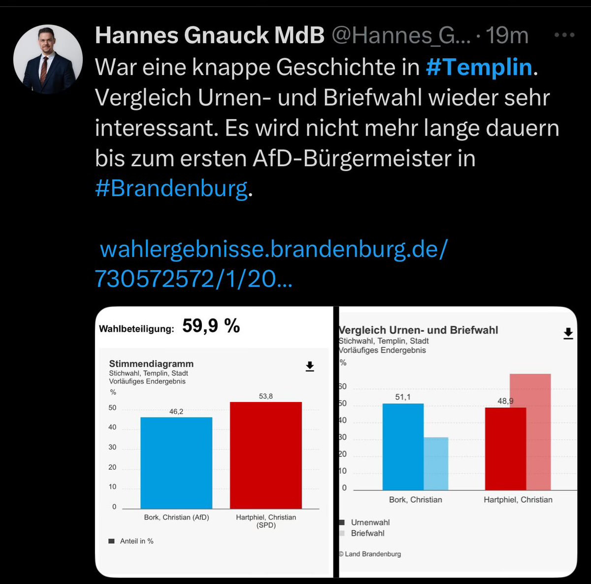 eckilepsie's tweet image. Typ aus der AfD, der entscheiden will, wer deutscher Staatsbürger sei, kommt auch mit Verschwörung um Briefwahlstimmen bei der Bürgermeisterwahl in #Templin mit ganzen 8071 abgegebenen Stimmen daher.