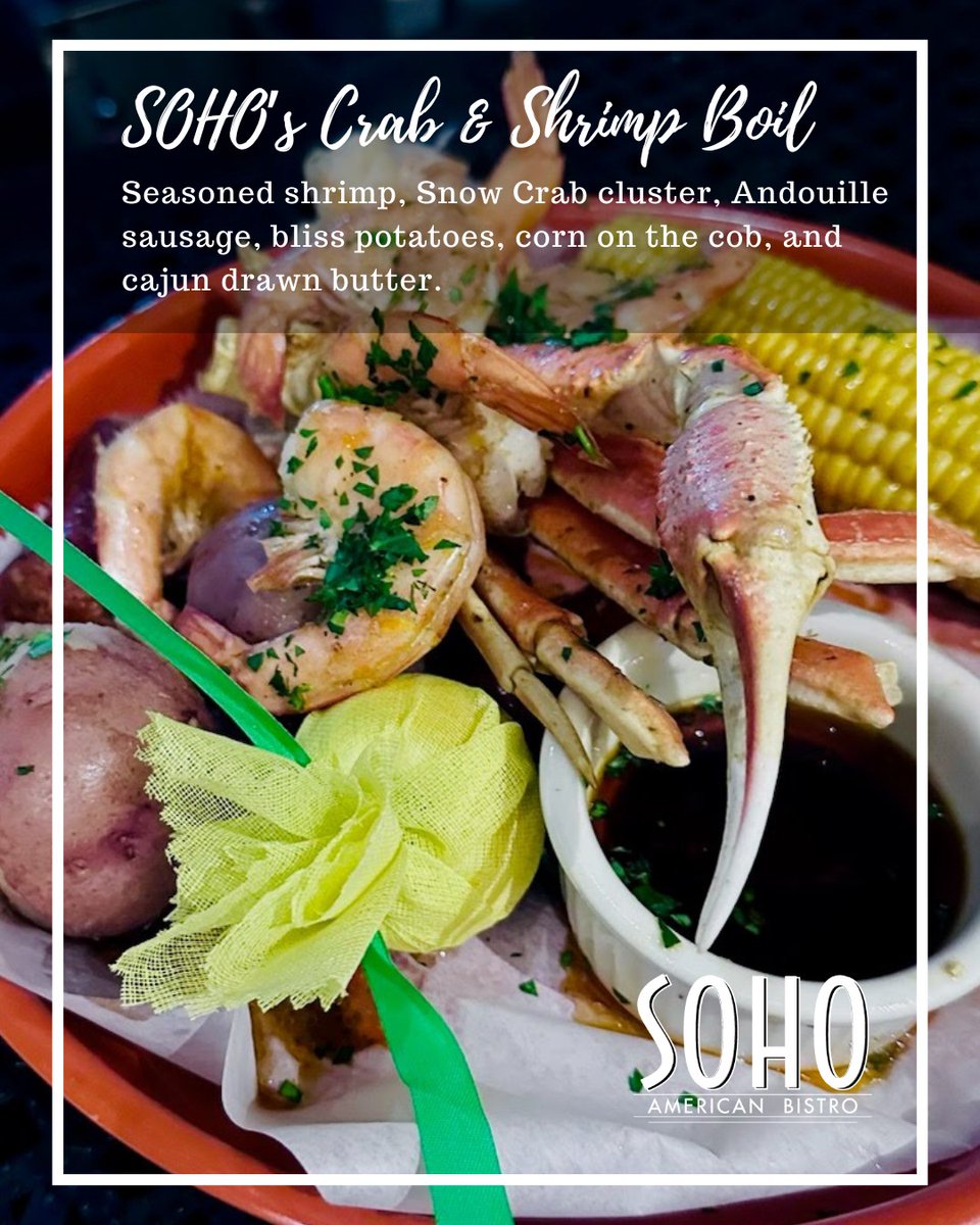 It's BACK! 🍤 Our All American Crab &amp; Shrimp Boil Starts TONIGHT from 5-9 pm!

Featuring shrimp, a snow crab cluster, Andouille sausage, red potatoes, and sweet corn all simmered in our signature seasoning, and served with warm Cajun drawn butter for dipping |$45 per person!