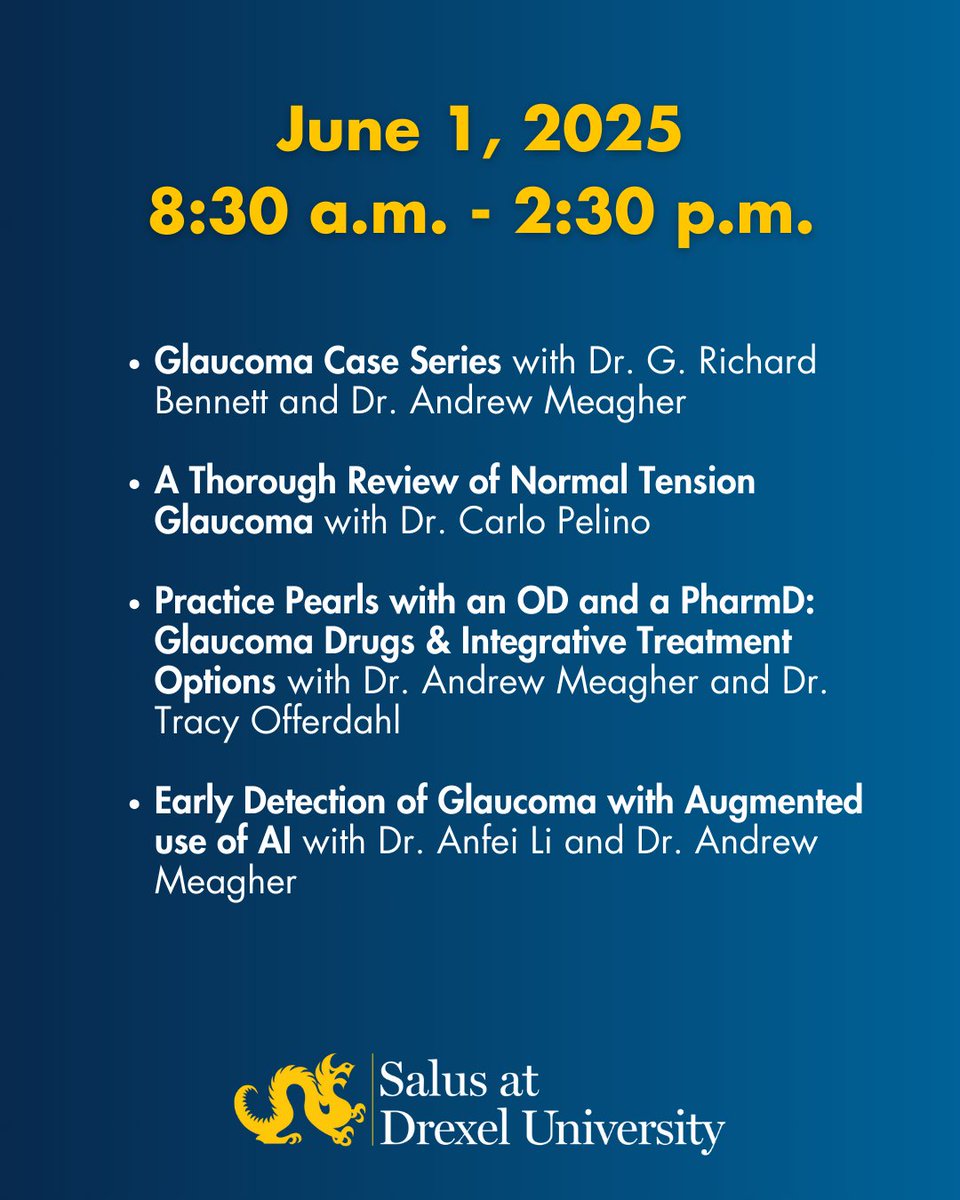 Please join us virtually on June 1st for the Glaucoma Symposium! Leading experts will discuss the latest advancements in the diagnosis, treatment, and management of glaucoma.

Register now: ow.ly/yL3M50VHTeY

#salusuniversity #continuingeducation #optometry #glaucoma