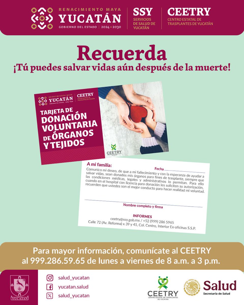 salud_yucatan's tweet image. ¿Quieres ser #donador de #órganos? 💚✨ Te contamos los pasos que debes seguir para ayudar a salvar vidas. 🏥 Acude al CEETRY para mayor información.