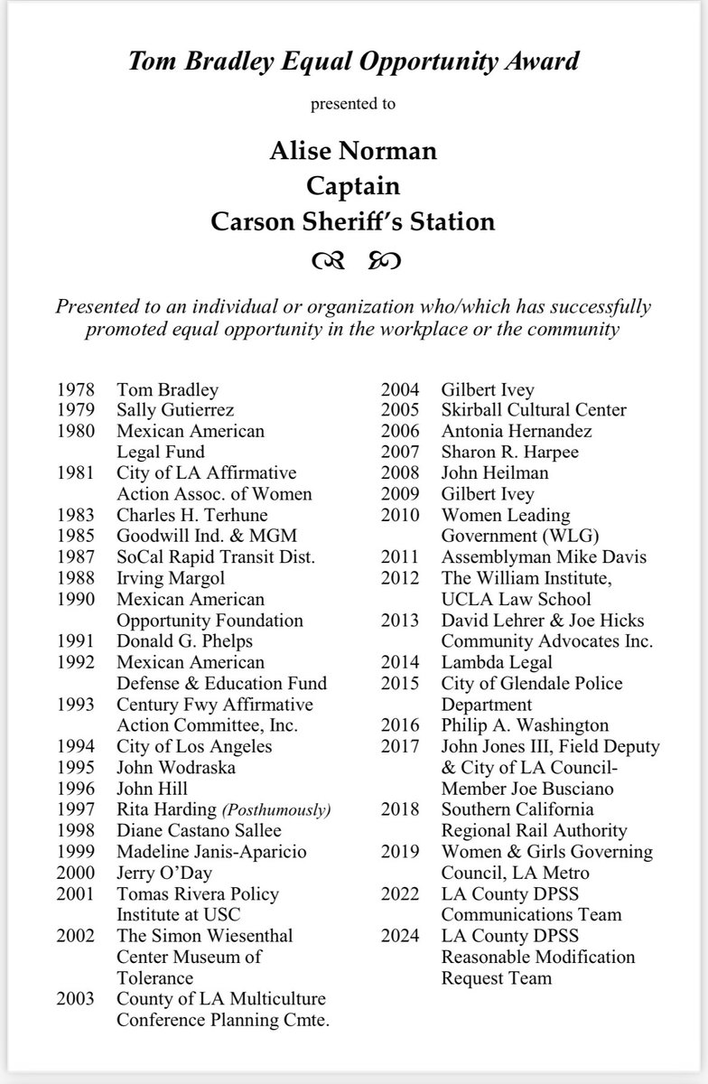CarsonLASD's tweet image. We are thrilled to extend our heartfelt congratulations to Captain Alise Norman on receiving the Tom Bradley Equal Opportunity Award! This honor recognizes individuals and organizations that have promoted equal opportunity in the workplace or the community.