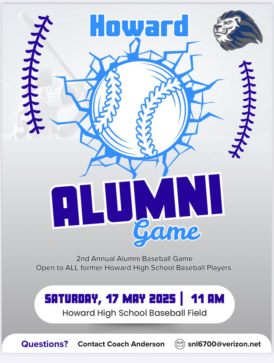 ALUMNI GAME—Join us on Saturday, May 17 for the 2nd annual Howard baseball alumni game. All former Howard baseball players are welcome!! Contact Coach Anderson if u have any further questions. Cell: 443-517-3178. 🦁⚾️