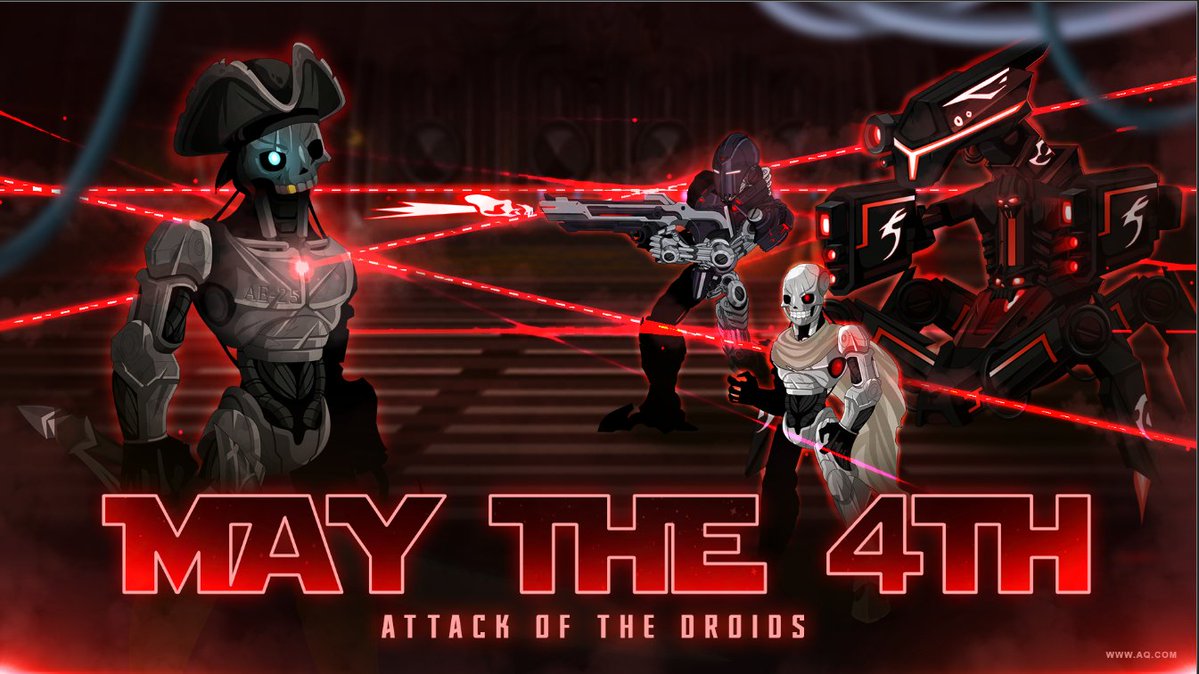It is May the Fourth, and the Force is legally obligated to be with you.
These are the Droids you are looking for in AQW! Log in and /join Twigguhunt to assist a slightly crispy Droid Pirate on his noble quest to retrieve top-secret production plans.

aq.com/gamedesignnotes
~Bel
