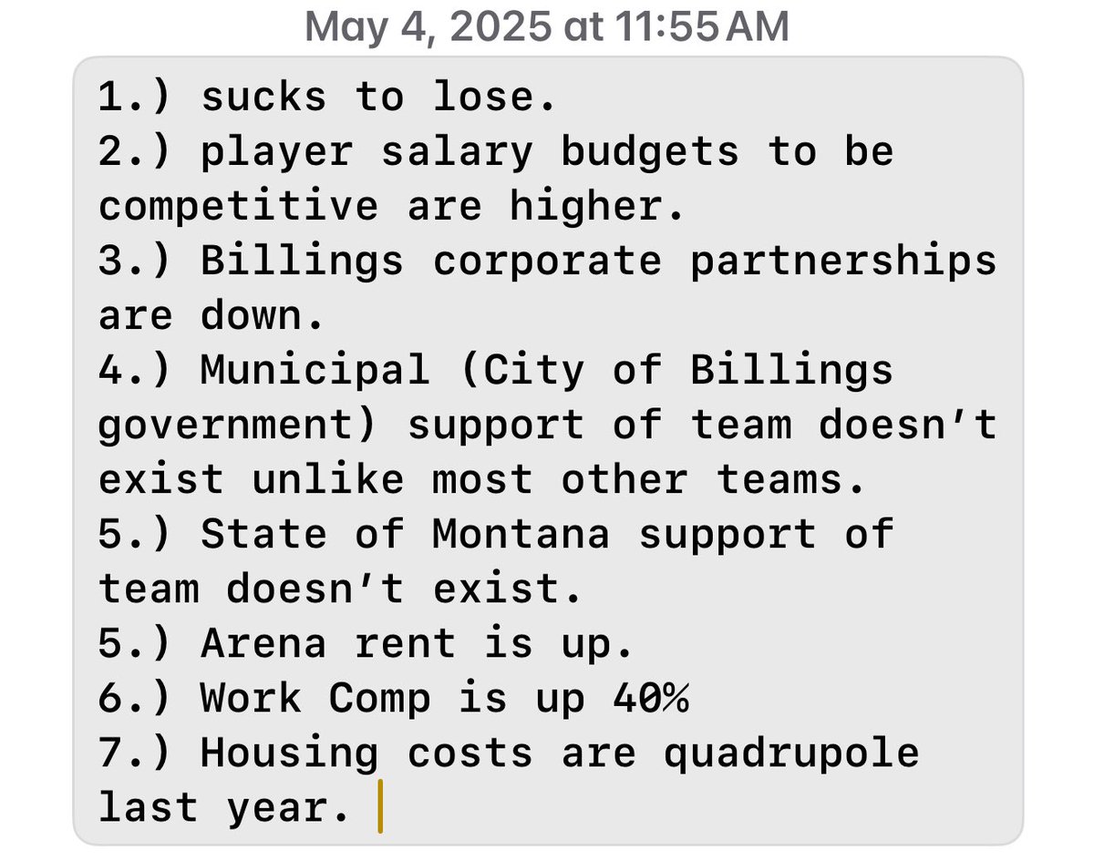 Thoughts after becoming 2-4. The bottom line and lack of Billings/Montana support is effecting the outcome of our product. Not sure Outlaws future is Billings. May move the team. We will see. Walker will get geared up for a playoff run. Love the team, wherever our home ends up.