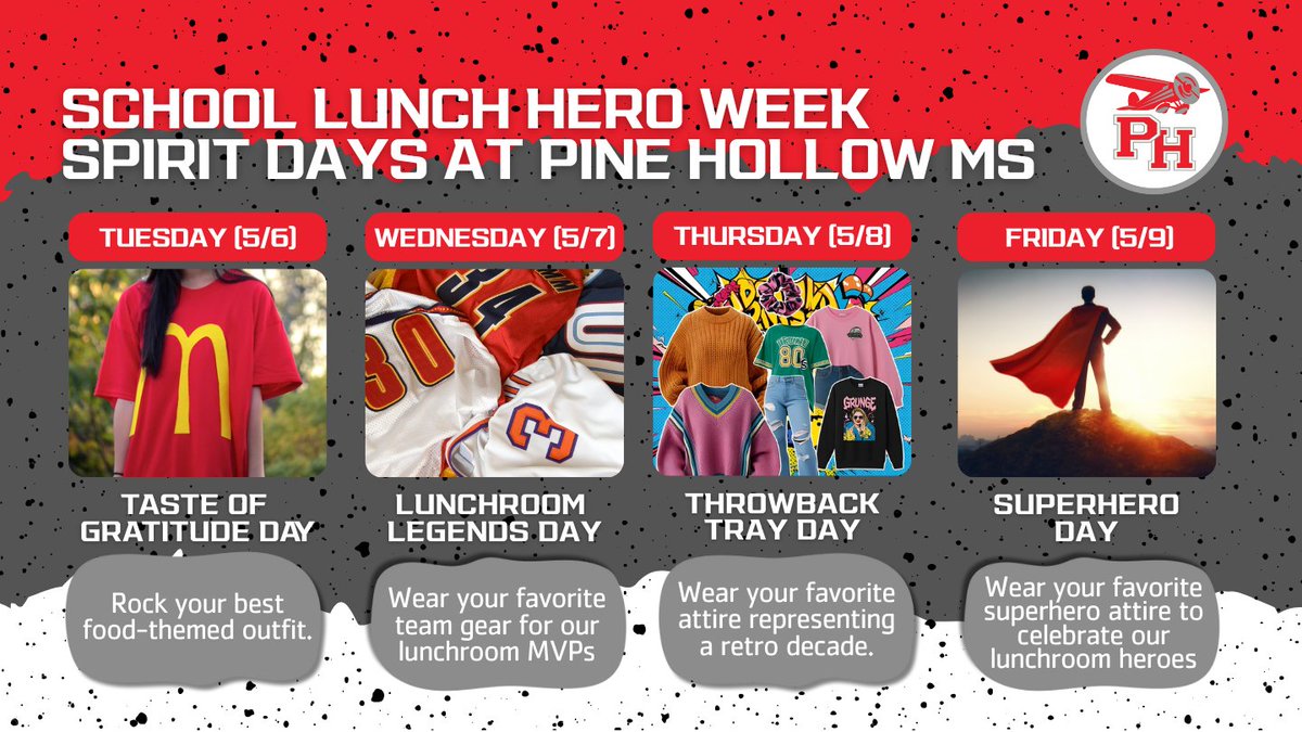🍎🥗 It's School Lunch Hero Week! 👏🎉 A huge THANK YOU to our incredible cafeteria team for keeping our students fueled with love, care, and healthy meals every day. Join us in celebrating our PHMS lunch heroes with a SPIRIT WEEK in their honor Tuesday-Friday! 🦸‍♀️🦸‍♂️