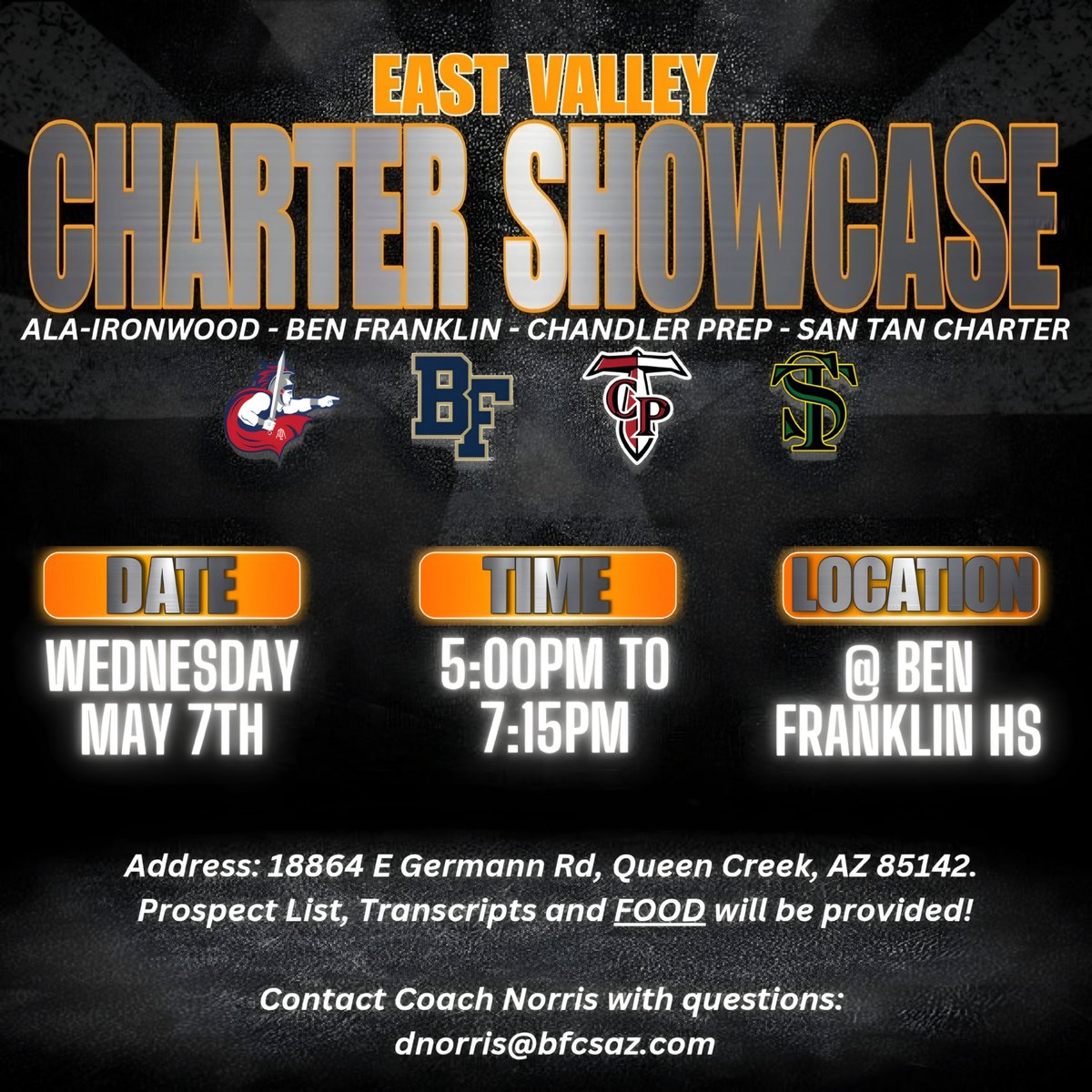 BFHS Chargers Football (@bfhs_chargersfb) on Twitter photo This Wednesday is going to be an awesome event showcasing some of the top student-athletes in AZ!
5pm-6:15pm
Benjamin Franklin & ALA Ironwood
6:15pm-7:30pm
San Tan Charter & Chandler Preparatory
<a href="/CoachBlueford/">Coach Myron Blueford, M.Ed.</a> <a href="/CCartwright_STC/">Chase Cartwright</a> <a href="/coach_ator/">Chris Ator</a> This Wednesday is going to be an awesome event showcasing some of the top student-athletes in AZ!
5pm-6:15pm
Benjamin Franklin & ALA Ironwood
6:15pm-7:30pm
San Tan Charter & Chandler Preparatory
<a href="/CoachBlueford/">Coach Myron Blueford, M.Ed.</a> <a href="/CCartwright_STC/">Chase Cartwright</a> <a href="/coach_ator/">Chris Ator</a>