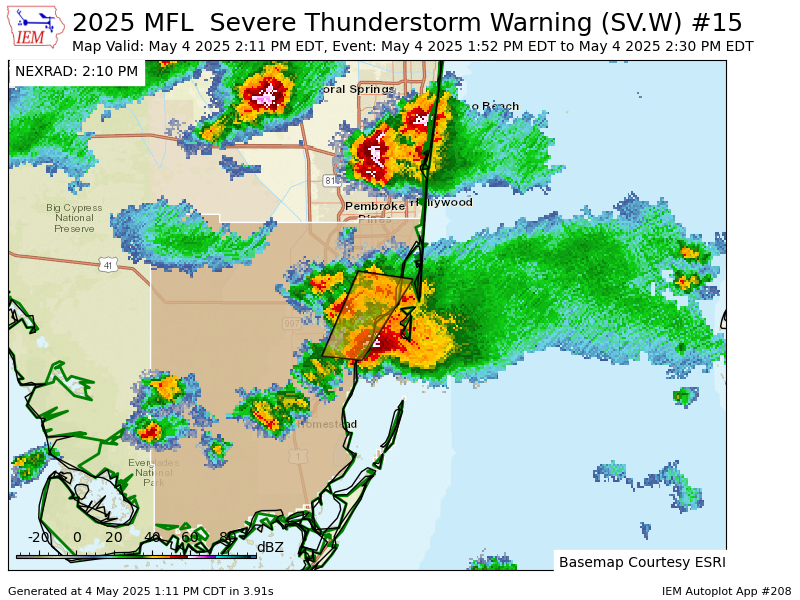 iembot_mfl's tweet photo. MFL continues Severe Thunderstorm Warning [wind: 60 MPH (RADAR INDICATED), hail: 1.00 IN (RADAR INDICATED)] for Miami-Dade [FL] till 2:30 PM EDT https://t.co/WjtJ5eeolh https://t.co/UWqPJdplqo