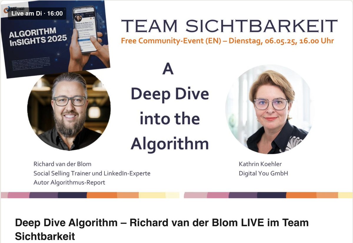 Aktuelle Free Session Team Sichtbarkeit: Live bei LinkedIn mit Algorithmus-Experte  Richard van der Blom  – und gern mit Deinen Fragen ! Sprache: EN. 
 mailchi.mp/digital-you.de…