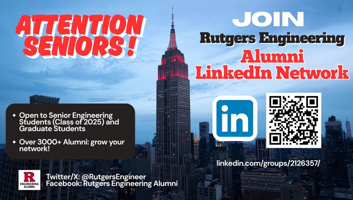 ‼️ Attention RU Engineering Seniors! Join our private RU ENG alumni LinkedIn network! We now accept Class of 2025 students into the group - join below!

Grow your network, and find ways to get back to campus &amp; stay involved with RU! Private group, link ➡️

linkedin.com/groups/2126357