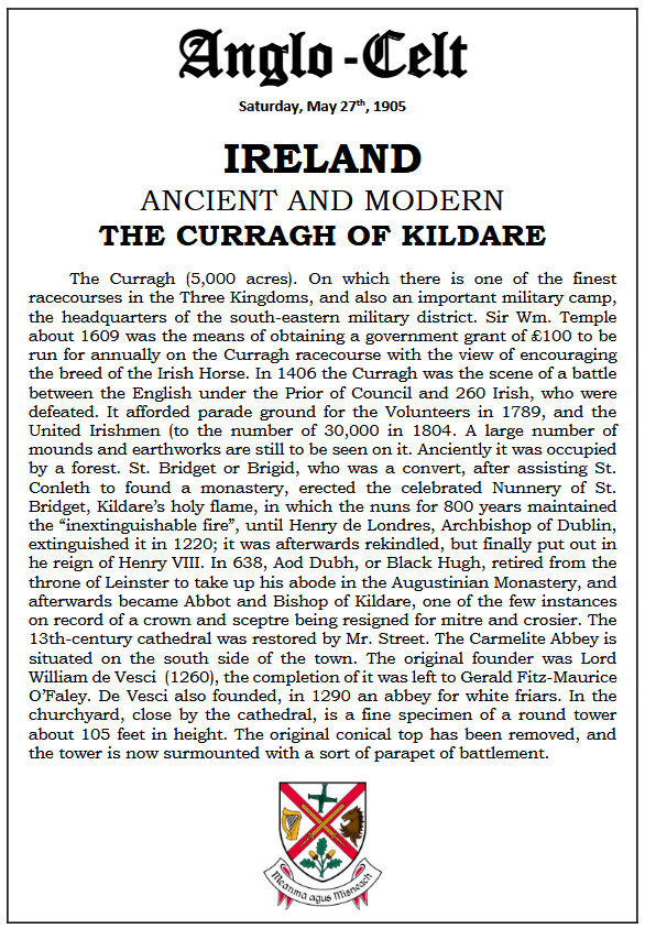 curraghhistory's tweet image. An interesting newspaper article from 1905 on the history of The Curragh of Kildare and Kildare town. Both well worth a visit and see St. Brigid’s Cathedral and various Abbeys, Round Tower or just a pleasant walk on the Curragh plains.
curragh.info/archives/Curra…