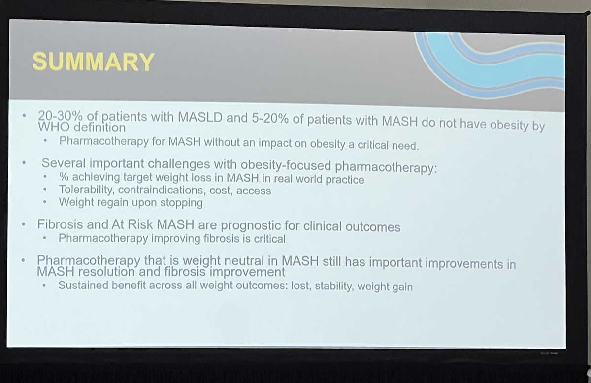Takeaways from #DDW2025 Obesity and Advanced Liver Disease

⭐️20-30% of MASLD &amp; 5-20% of MASH patients aren’t obese

⭐️Challenges with obesity focused pharmacotherapy include tolerability, cost, &amp; weight regain. 

⭐️Fibrosis improvement is critical, and weight-neutral therapies