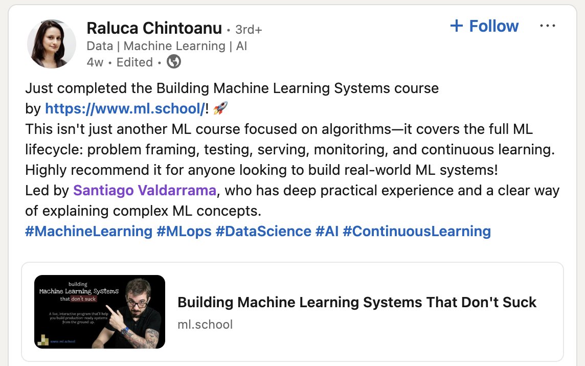 The best Machine Learning Engineering cohort you'll ever take starts tomorrow.

This will take you 3 levels up from wherever you are.

If you think AI will replace engineers by the end of this year, don't join. Keep playing games or whatever else you do for fun.

If you want to