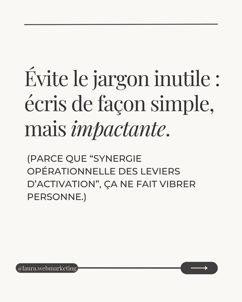 Laura_Dzs's tweet photo. Trop de pro tombent dans ce piège :
Ils pensent que pour #convaincre, il faut compliquer le discours.

Le jargon ne te rend pas plus crédible.
Il te rend moins lisible.

Et donc, moins impactant.
Une #idée forte doit être formulée simplement.

Sois clair.
Et compréhensible. https://t.co/hPc57doA4q