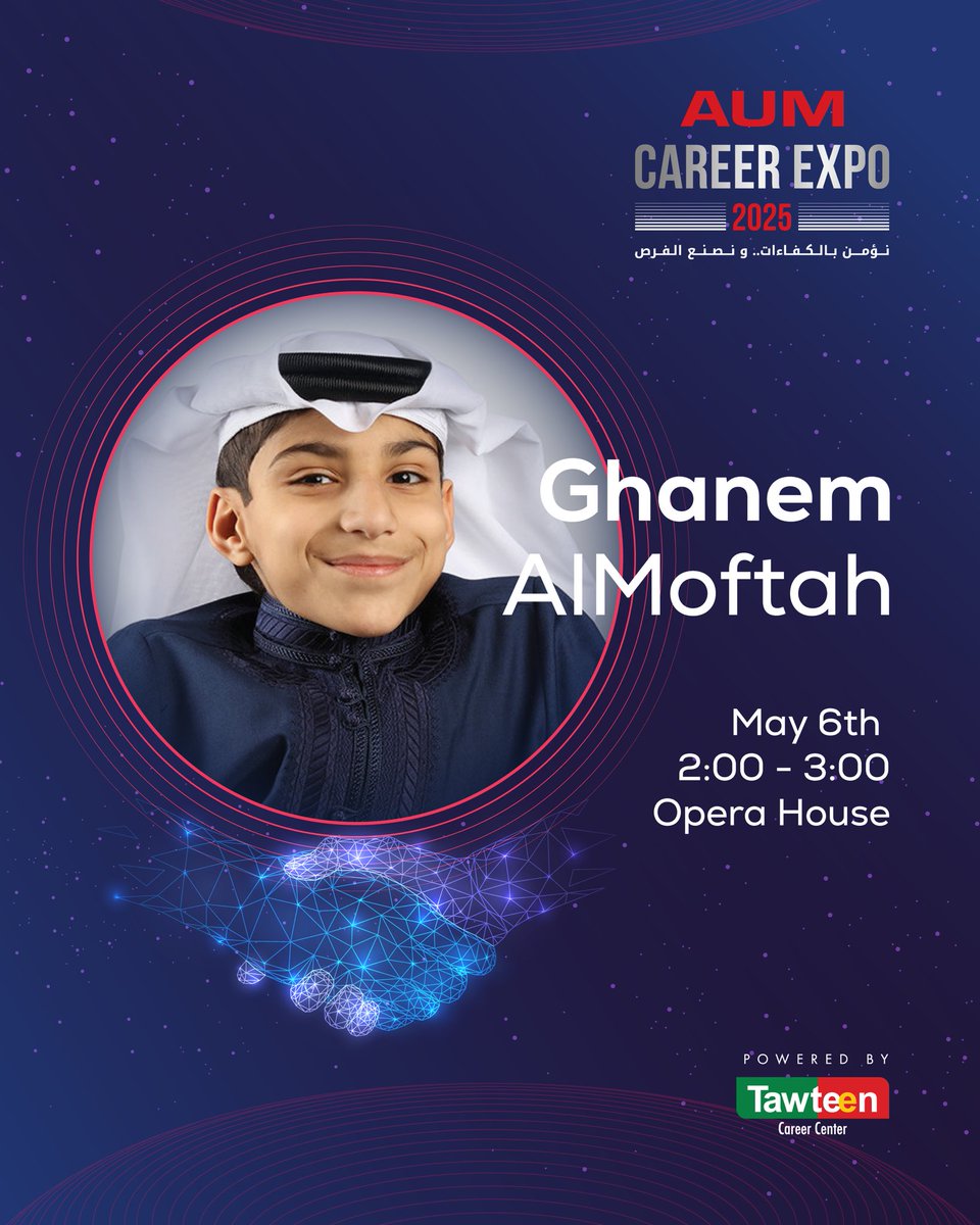نخبة من الضيوف المتحدثين في معرض AUM الوظيفي بنسخته الـ11!✨
خبرات مميزة، قصص ملهمة، ونصايح قيّمة لطلبتنا وخريجينا 🤩💼
ترقبوا اللقاءات، واستفيدوا من الفرصة!