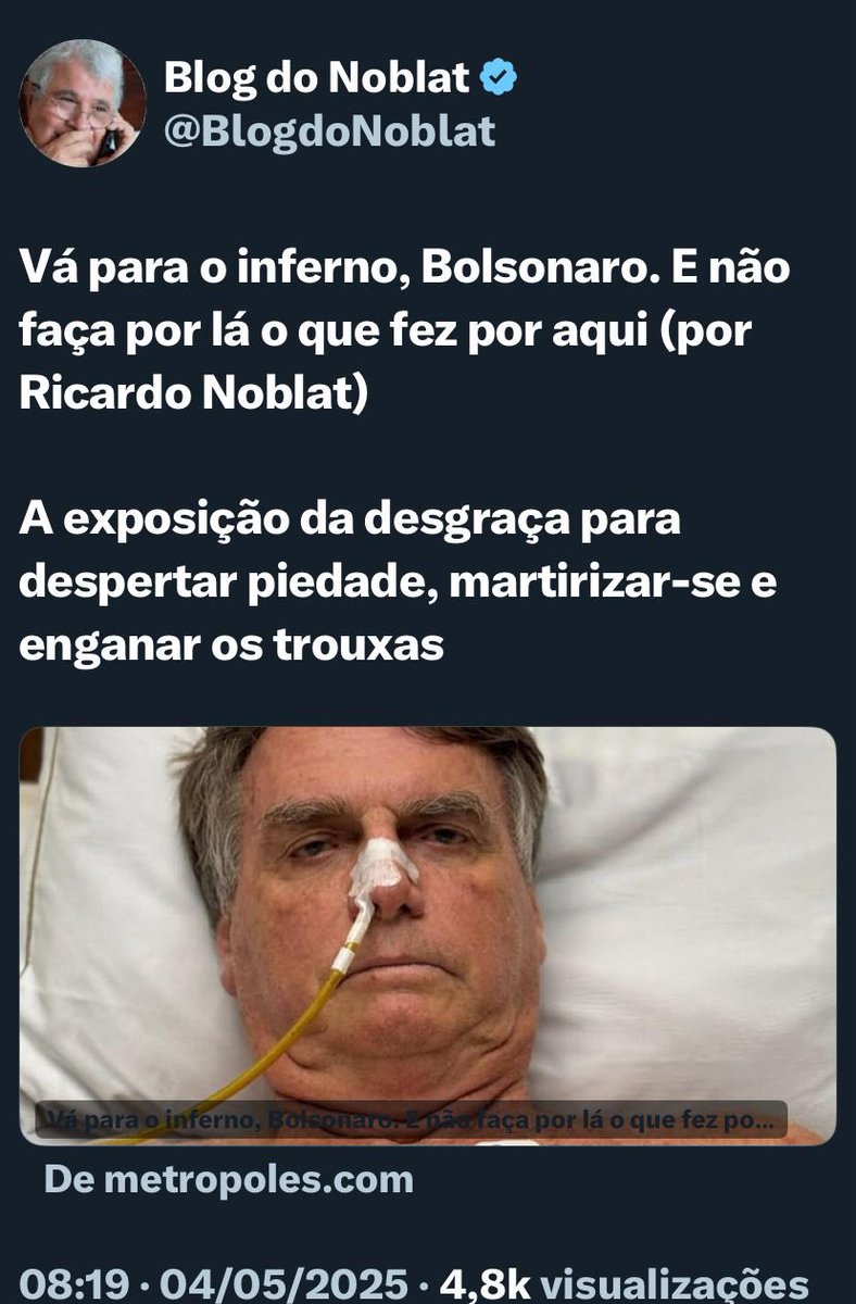 Percebem como a galera que vê a ferida aberta do Bolsonaro acaba espumando de ódio? Faz sentido isso? Se você acha aquilo feio e desnecessário, pode reclamar lá, silenciar o tweet e seguir a vida. Tudo bem, você tem todo o direito de achar desnecessário.

Mas tem um grupo