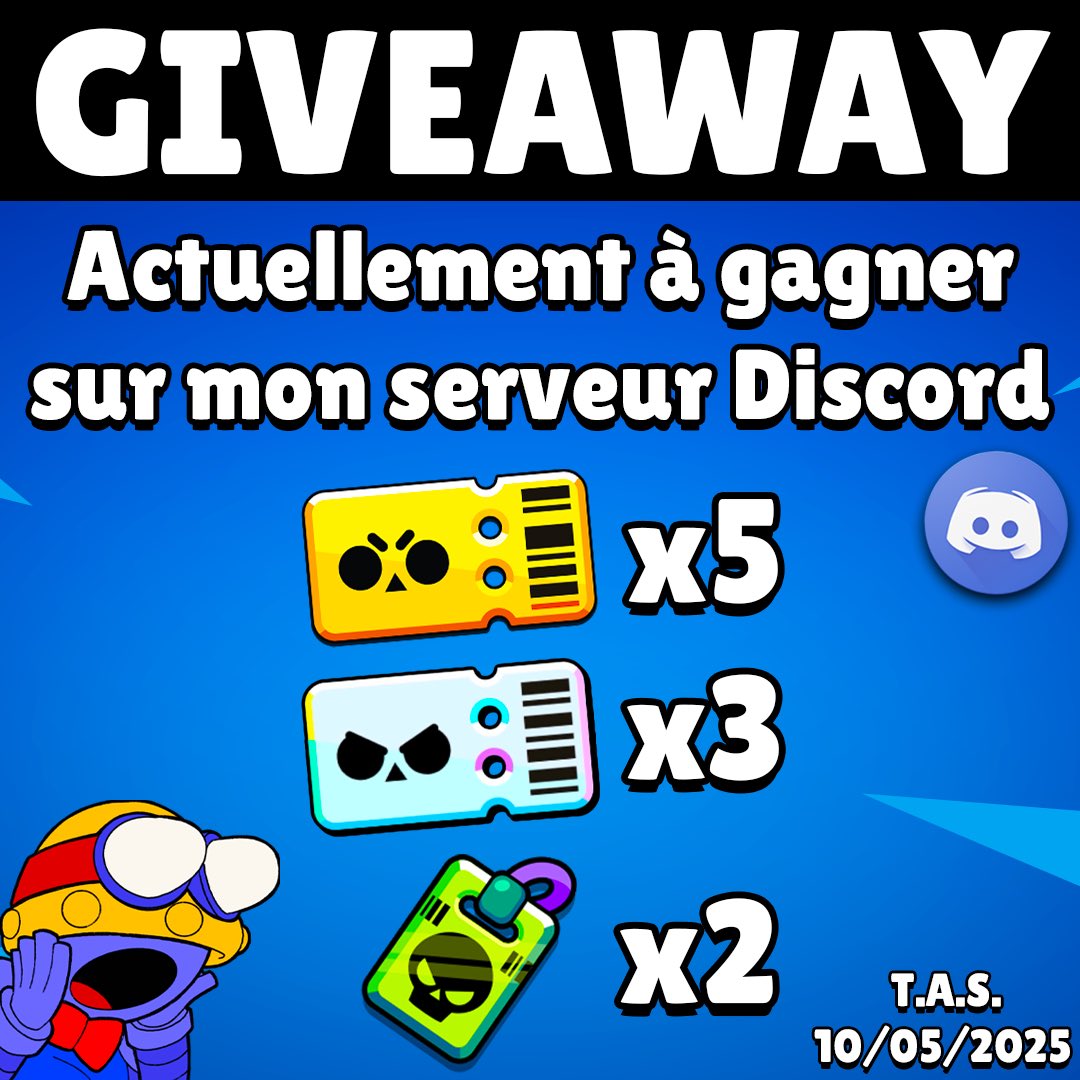 📯 ÉNORME GIVEAWAY BRAWL STARS en cours sur mon serveur Discord : discord.gg/GprJ9br 📯
x5 Brawl Pass
x3 Brawl Pass Plus
x2 Pass Pro

Un grand merci à Vinké qui rend ce concours possible 🤝🏼
Il faut impérativement être niveau 5 minimum sur le serveur afin de pouvoir