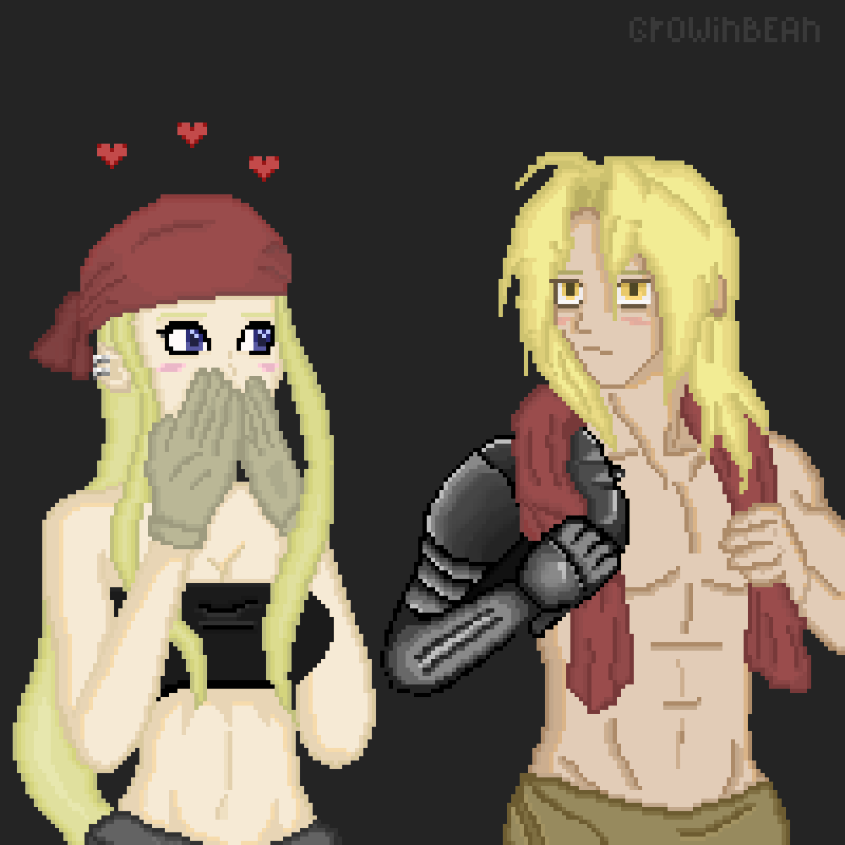 hybridmind__'s tweet photo. oh she's so in love with him ♡ (and I love them) 
• still learning pixel art on Samsung Galaxy s25 

#pixelart #pixeldrawing #pixelartist #fma #fullmetalalchemist #winryrockbell #edwardelric https://t.co/8eGXqcr4Wv