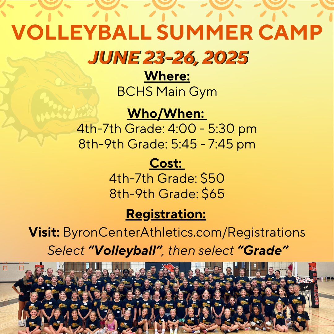 Volleyball Summer Camp is Only 50 Days Away! 🏐 Visit: ByronCenterAthletics.com/Registrations and Select “Volleyball”, then select “Grade”. Please select the grade you are going into this coming fall! We can't wait to see you all in June! 🏐 #GoBulldogs #BCVB