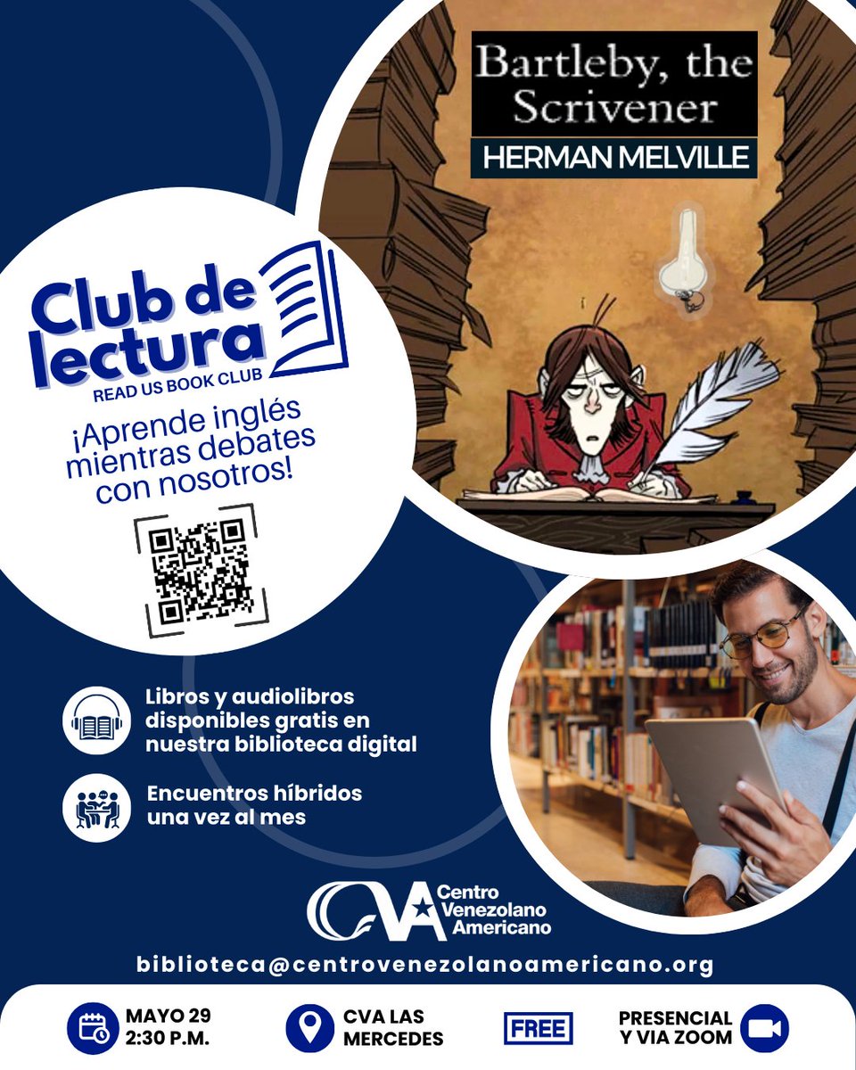 ¡Practica tu inglés!. Cautívate con "Bartleby, the scrivener" de #HermanMelville. Disponible tanto en formato e-book como audiolibro, en nuestra biblioteca digital sge.st/TmjNrnY  Próximo encuentro: Mayo 29, 2:30 pm (presencial en el #CVALasMercedes y via Zoom). #Gratis