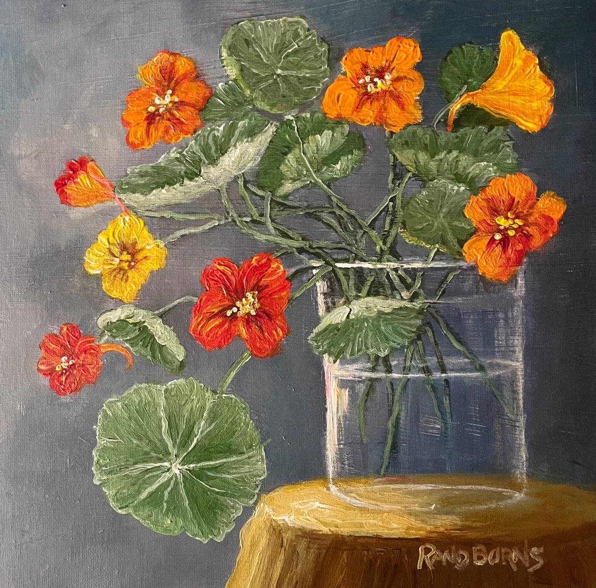 From Garden To Canvas, 12 x 12”, painting on canvas. Celebrating the flowers and leaves of nasturtiums, this still life shares them in a simple glass.