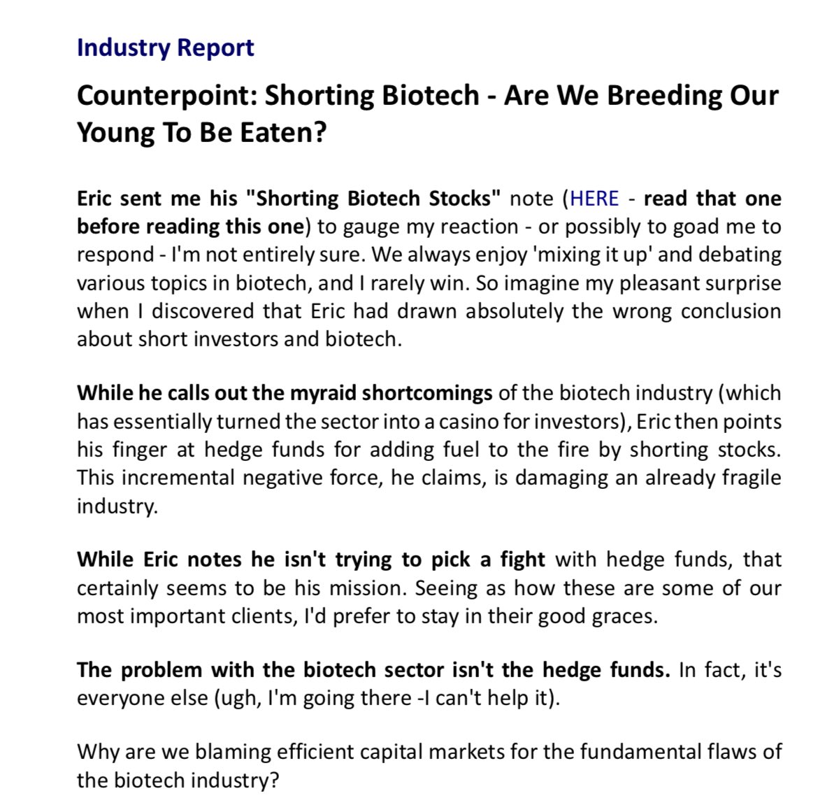 Cantor has put out some really interesting notes lately. Dueling takes from  Eric Schmidt &amp; Josh Schimmer on short selling last week and then this week a thoughtful critique of issues that are ailing our industry. Link below: cantor2.bluematrix.com/sellside/Email…