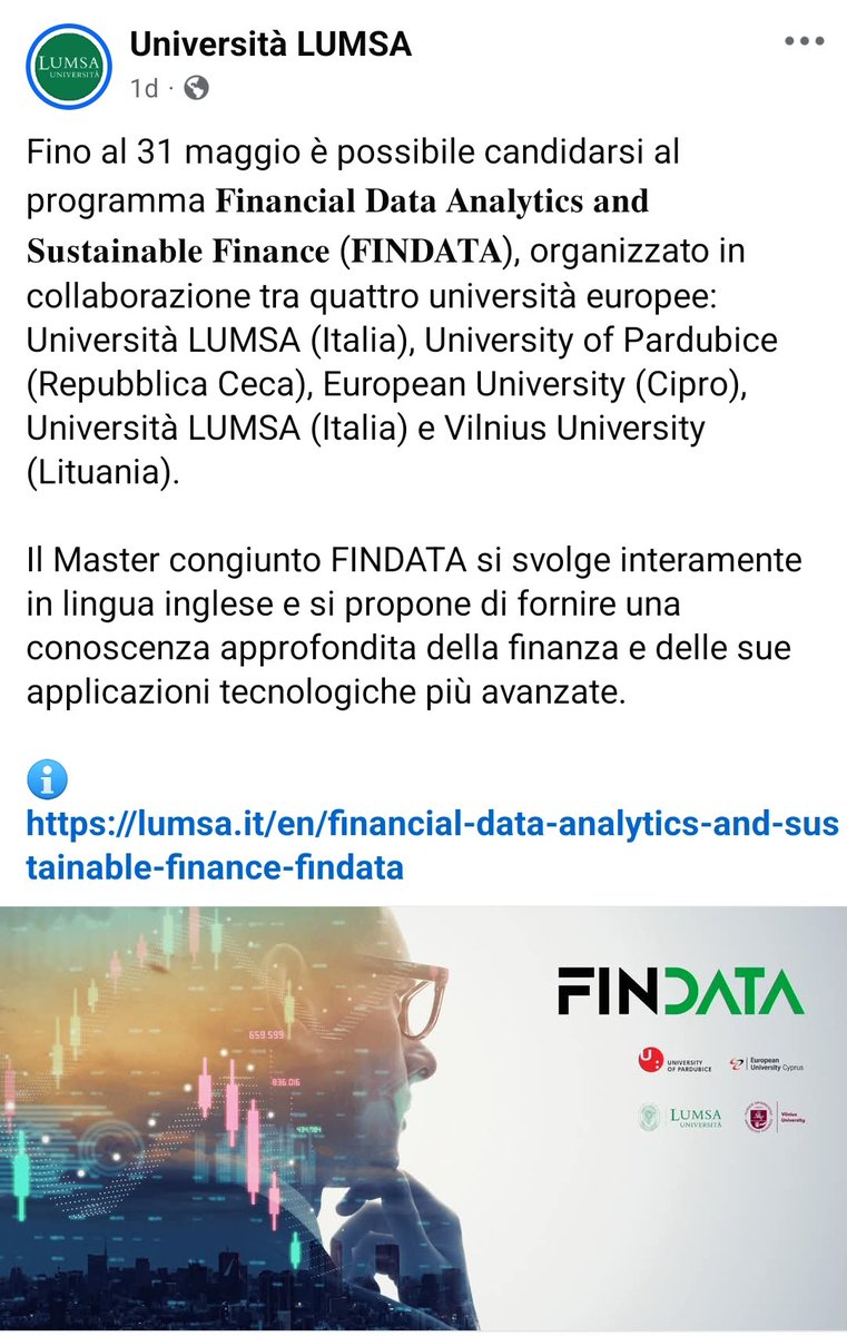 sim010101's tweet photo. If you want 4 country MSc. & their countries experience in #Finance! Apply by 31/5/2025
𝐅𝐢𝐧𝐚𝐧𝐜𝐢𝐚𝐥 𝐃𝐚𝐭𝐚 𝐀𝐧𝐚𝐥𝐲𝐭𝐢𝐜𝐬 𝐚𝐧𝐝 𝐒𝐮𝐬𝐭𝐚𝐢𝐧𝐚𝐛𝐥𝐞 𝐅𝐢𝐧𝐚𝐧𝐜𝐞 (#𝐅𝐈𝐍𝐃𝐀𝐓𝐀) MSc.
#Cyprus #Italy #Lithuania
#Czechia
https://t.co/e0whoTqyvn https://t.co/ENuAbUNIul