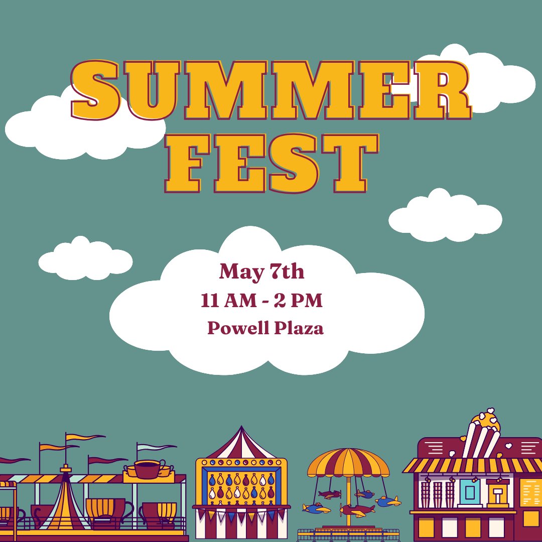 Let’s wrap this spring semester up with a memory you’ll never forget ☀️🌴 Summer Fest 2025 is the grand finale you need. Join us on May 7th for the following:

- Petting Zoo

- Tie Dye shirts

- Inflatable Surfboard

- Bumper Cars

- Mini Golf

- Free Food

- and so much more!