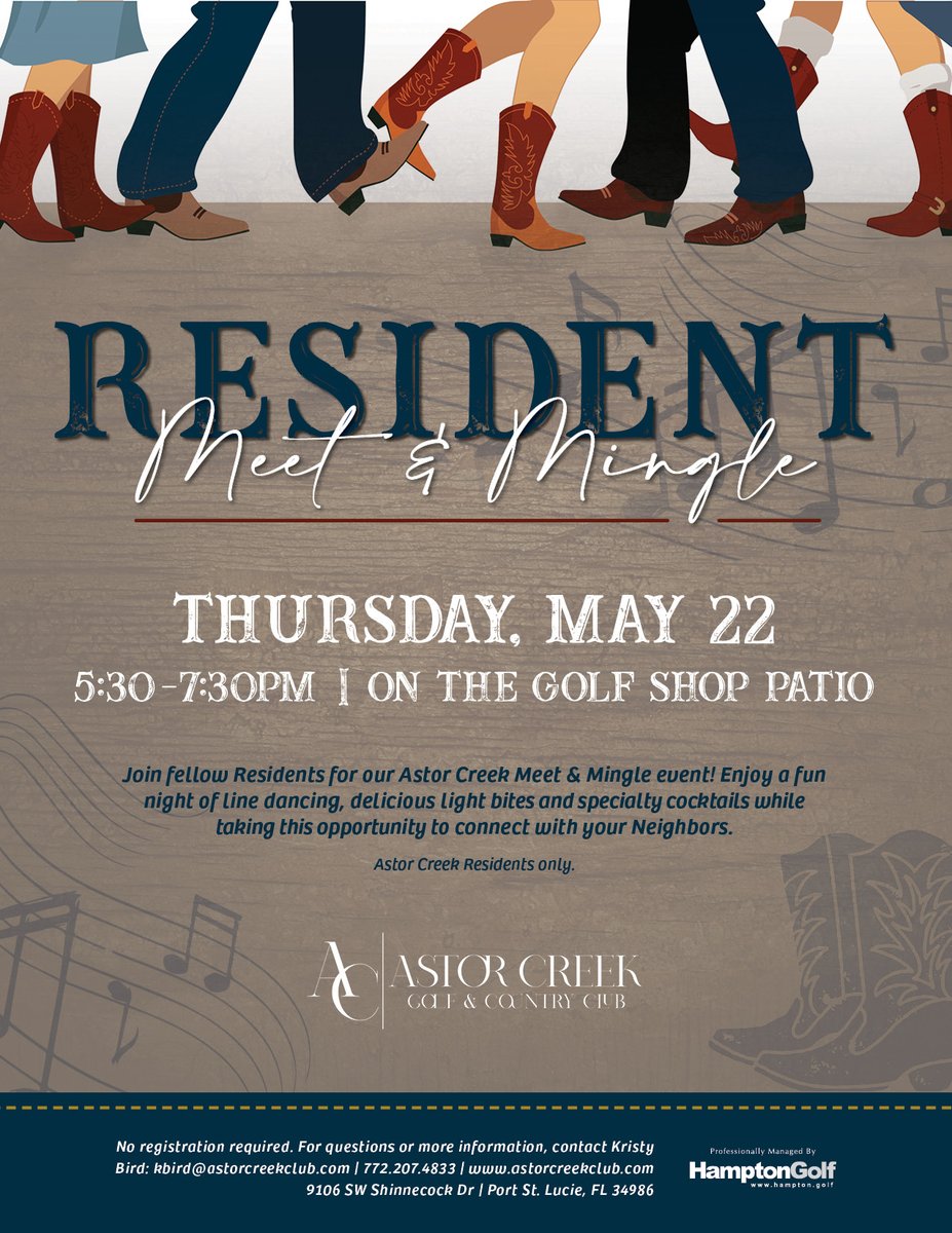 Join fellow Residents for our Astor Creek Meet &amp; Mingle event! Enjoy a fun night of 👢line dancing, 🍴delicious light bites and 🍹 specialty cocktails while connecting with neighbors!

May 22 | 5:30-7:30PM
📍Golf Shop Patio

For questions: kbird@astorcreekclub.com | 772.207.4833