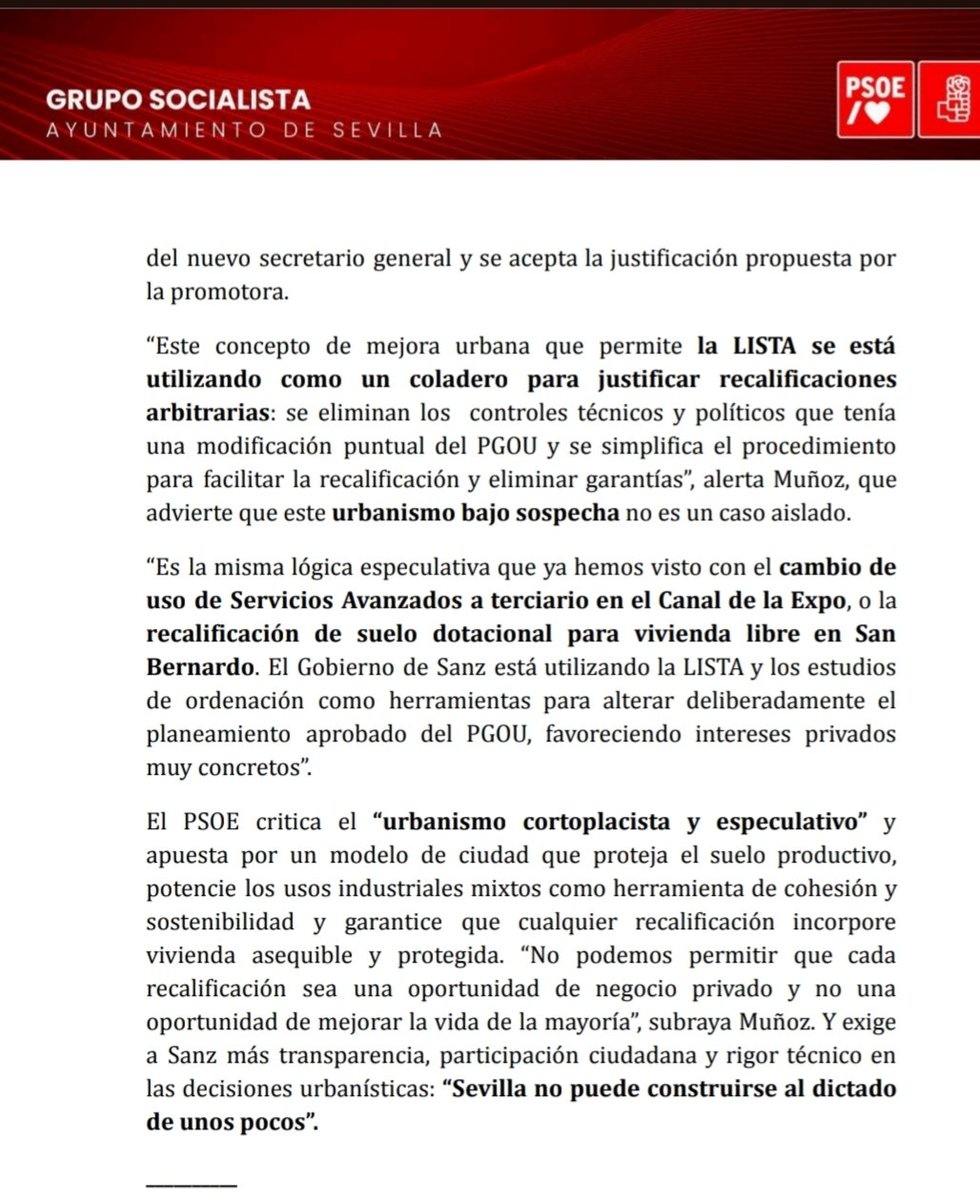 El PP está convirtiendo el urbanismo de Sevilla en un negocio para unos pocos,recalificando suelos para viviendas caras y comercios,en vez de apostar x empleo y vivienda asequible.Exigimos transparencia y un urbanismo q sirva a la mayoría,no a intereses privados #SevillaEsDeTodos