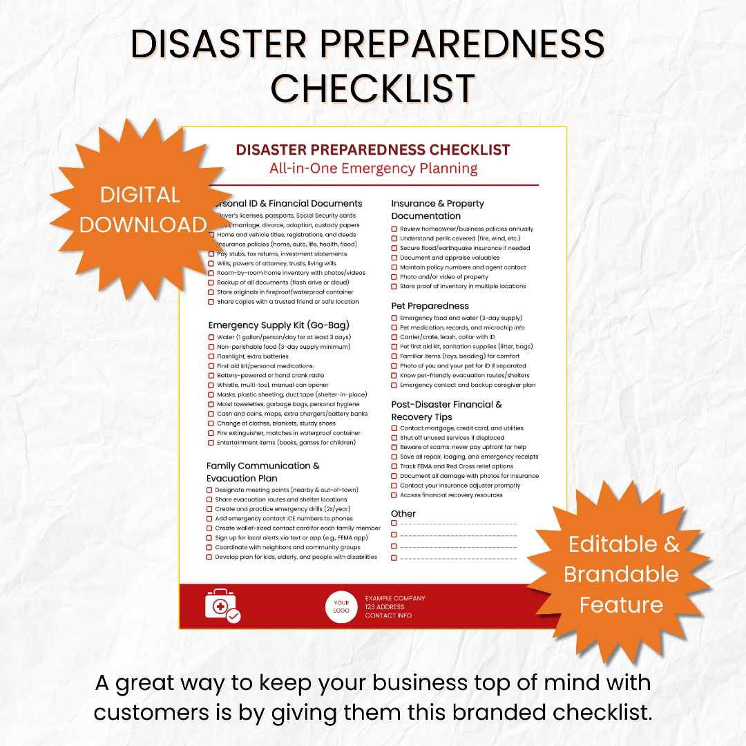 ThatNotaryLife's tweet image. 💼 Help clients stay safe &amp;amp; remember your brand with this customizable Disaster Preparedness Checklist! 📝
✔️ Ideal for notaries, attorneys, insurance agents &amp;amp; more.
🎯 Easy to edit on Canva &amp;amp; share digitally.

Tap the link in bio to get yours! 📲

#NotaryLife #ClientResources