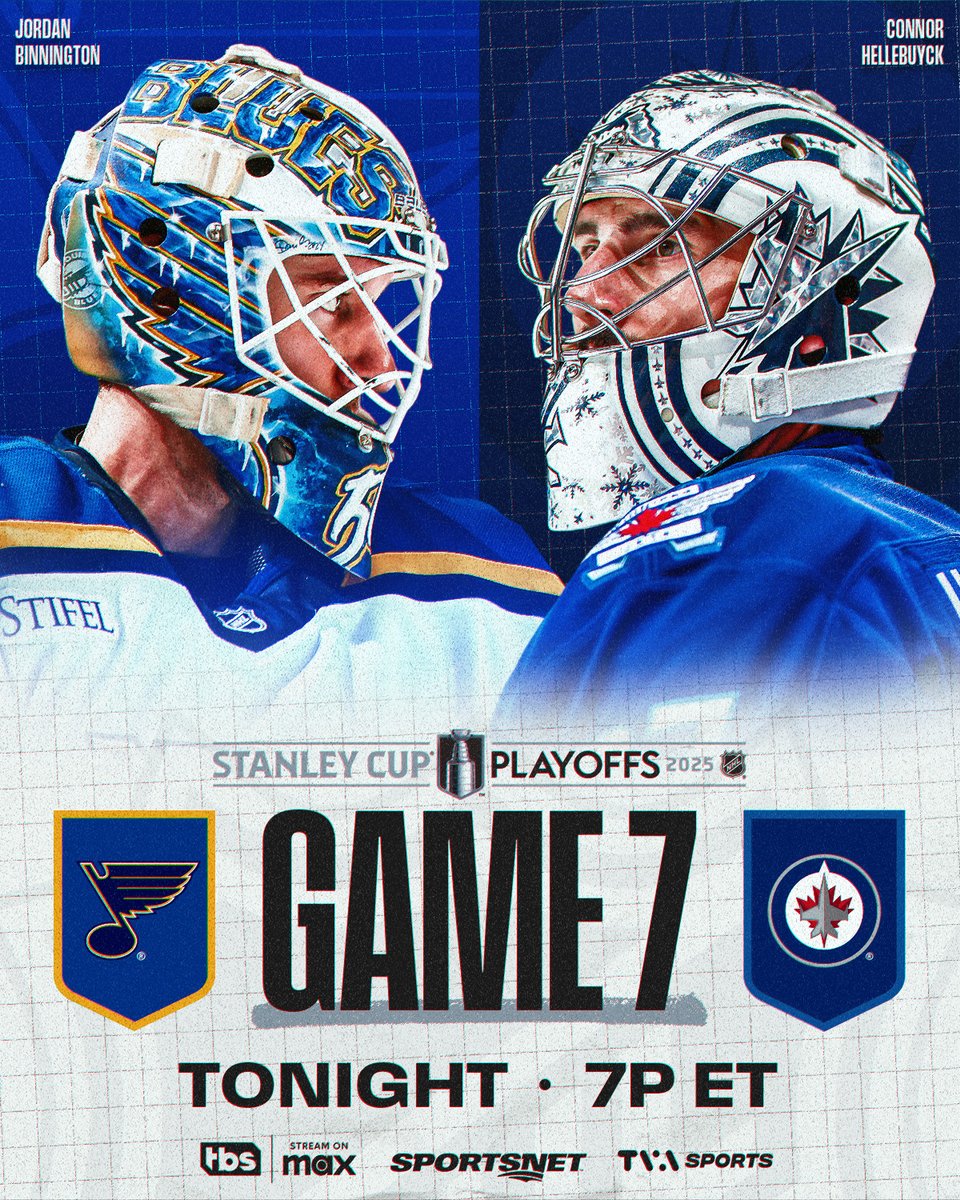 NHL's tweet image. #GAME7! #GAME7! #GAME7! 🗣️

Will the @StLouisBlues or the @NHLJets move on to the Second Round of the #StanleyCup Playoffs? 

Catch the action TONIGHT at 7p ET on @NHL_On_TNT (TBS), @SportsonMax, @Sportsnet and @TVASports!