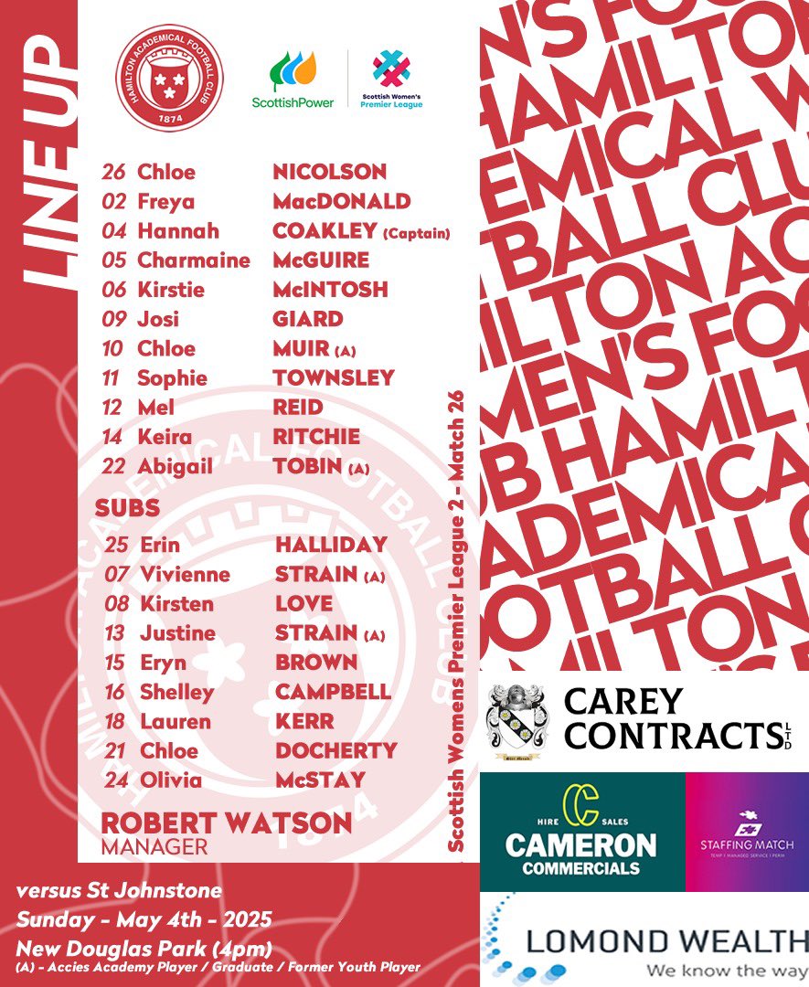 Hamilton Academical Womens Football Club (@accieswfc) on Twitter photo ๐ด Todayโs Accies Team
โก๏ธ <a href="/melissaR2910/">Melissa Reid</a> and <a href="/ChazMcGuire11/">Chaz</a> come into the 11
ยฉ๏ธ <a href="/CoakleyHannah/">Hannah Coakley</a> continues to Captain in Quinnys absence
Kick off is at 4pm, come on Accies! ๐ด Todayโs Accies Team
โก๏ธ <a href="/melissaR2910/">Melissa Reid</a> and <a href="/ChazMcGuire11/">Chaz</a> come into the 11
ยฉ๏ธ <a href="/CoakleyHannah/">Hannah Coakley</a> continues to Captain in Quinnys absence
Kick off is at 4pm, come on Accies!