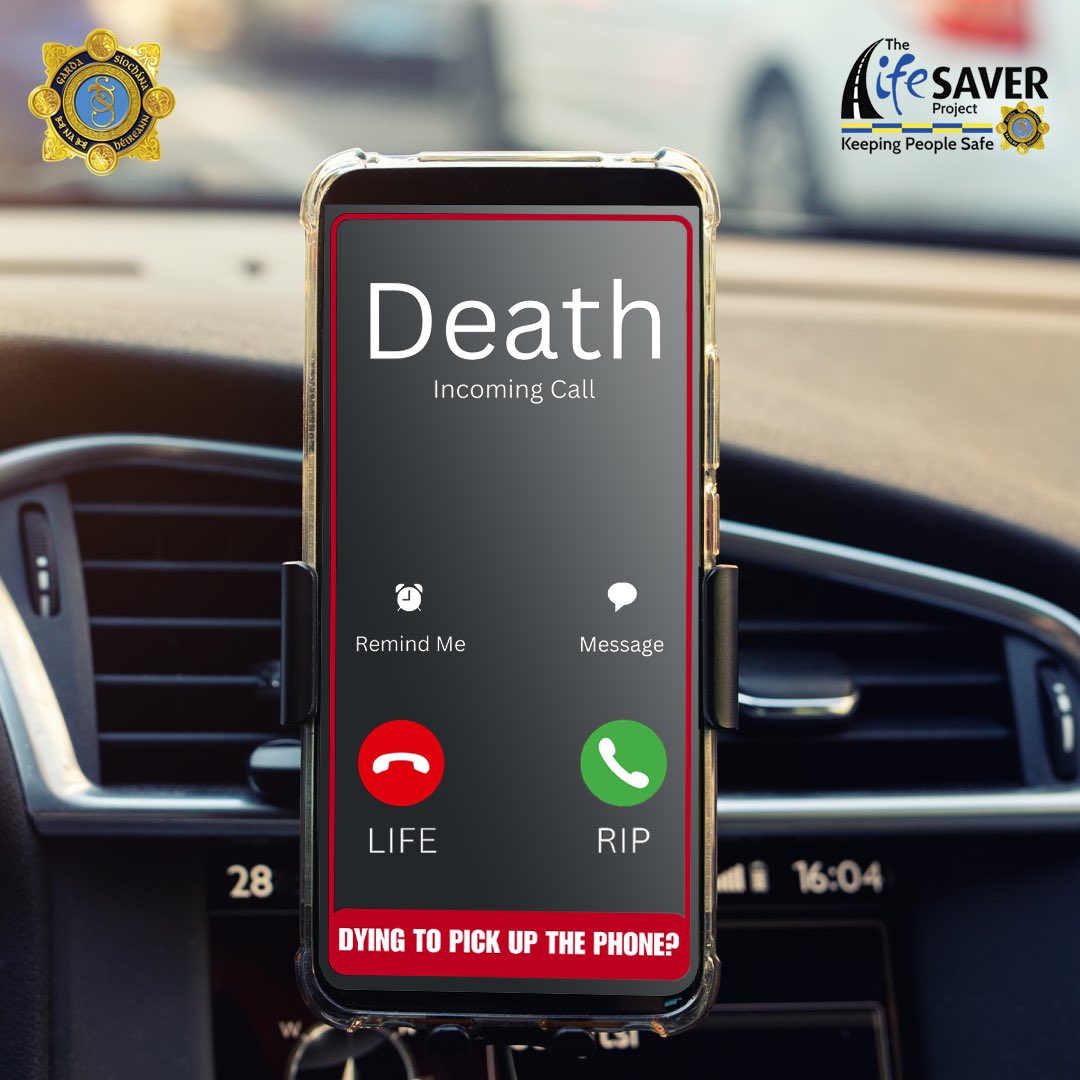 An Garda Síochána (@gardatraffic) on Twitter photo Does it dawn on you how often you risk your safety and that of others by looking at your phone while driving?
It should.
Developed in collaboration with <a href="/UL/">University Of Limerick</a> as part of our Road Safety Reimagined project, this message was created by young students - please share.
#SaferRoads Does it dawn on you how often you risk your safety and that of others by looking at your phone while driving?
It should.
Developed in collaboration with <a href="/UL/">University Of Limerick</a> as part of our Road Safety Reimagined project, this message was created by young students - please share.
#SaferRoads