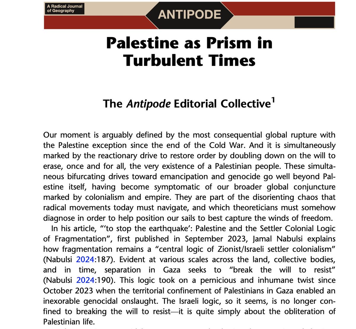 Natalie Oswin (@oswinnatalie) on Twitter photo "As the ongoing genocidal wars on Gaza & Palestine show no sign of abating, our Editorial Collective calls for full solidarity w the Palestinian resistance."
Thank you <a href="/antipodeonline/">Antipode</a>! Here's hoping more geog journal ed teams soon follow suit.
…iley-com.myaccess.library.utoronto.ca/doi/full/10.11… "As the ongoing genocidal wars on Gaza & Palestine show no sign of abating, our Editorial Collective calls for full solidarity w the Palestinian resistance."
Thank you <a href="/antipodeonline/">Antipode</a>! Here's hoping more geog journal ed teams soon follow suit.
…iley-com.myaccess.library.utoronto.ca/doi/full/10.11…