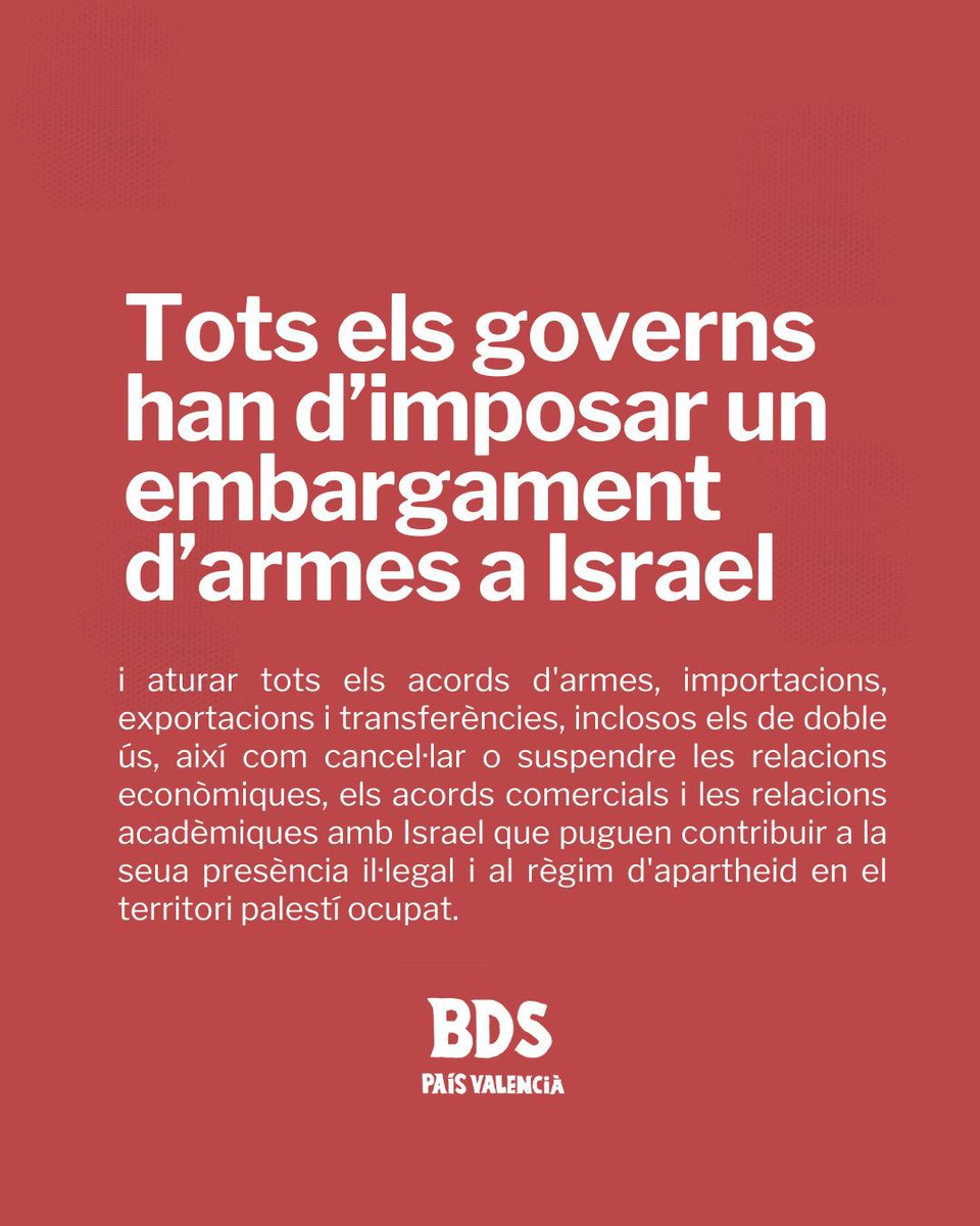 🇵🇸 #BDS País Valencià (@bdspaisvalencia) on Twitter photo ‼️⛵️🇵🇸 Ens solidaritzem i exigim assistència i justícia per a les companyes de la Flotilla de la Llibertat que han sigut atacades mentre navegaven rumb a Gaza.
✊🏽🇵🇸 Govern d'Espanya, necessitem l'embargament d'armes i la ruptura de relacions amb Israel ja!! ‼️⛵️🇵🇸 Ens solidaritzem i exigim assistència i justícia per a les companyes de la Flotilla de la Llibertat que han sigut atacades mentre navegaven rumb a Gaza.
✊🏽🇵🇸 Govern d'Espanya, necessitem l'embargament d'armes i la ruptura de relacions amb Israel ja!!