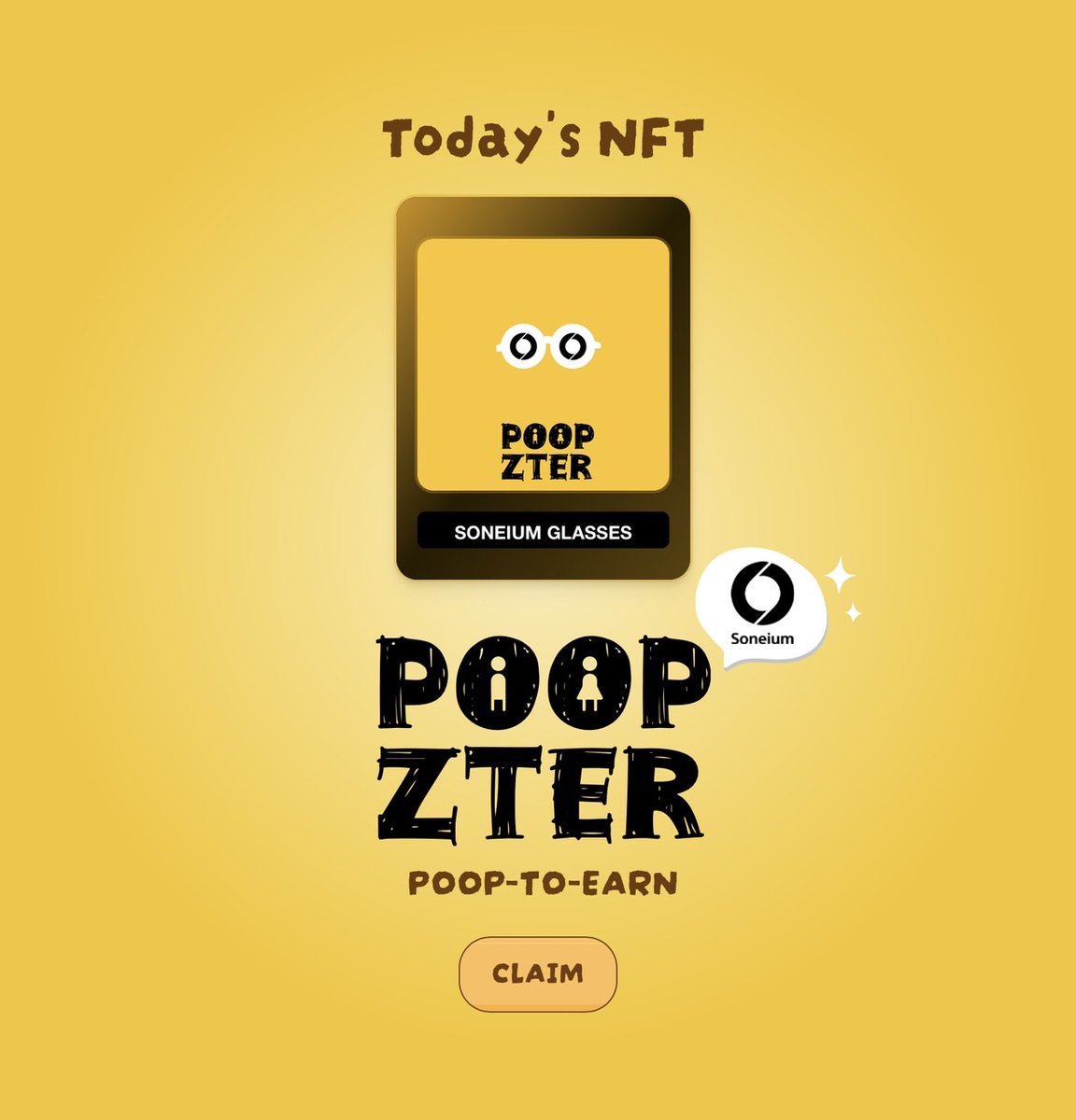 FINAL PIECE ALERT! 💩💿

"Soneium Glasses", the final piece on @Soneium, is now mintable!

📍 soneium-event.poopzter.app

You have until 2pm UTC tomorrow, then it's gone for good. A snapshot will follow, and then 88-8888 $POOP will be airdropped in the Poopzter app to claim artwork