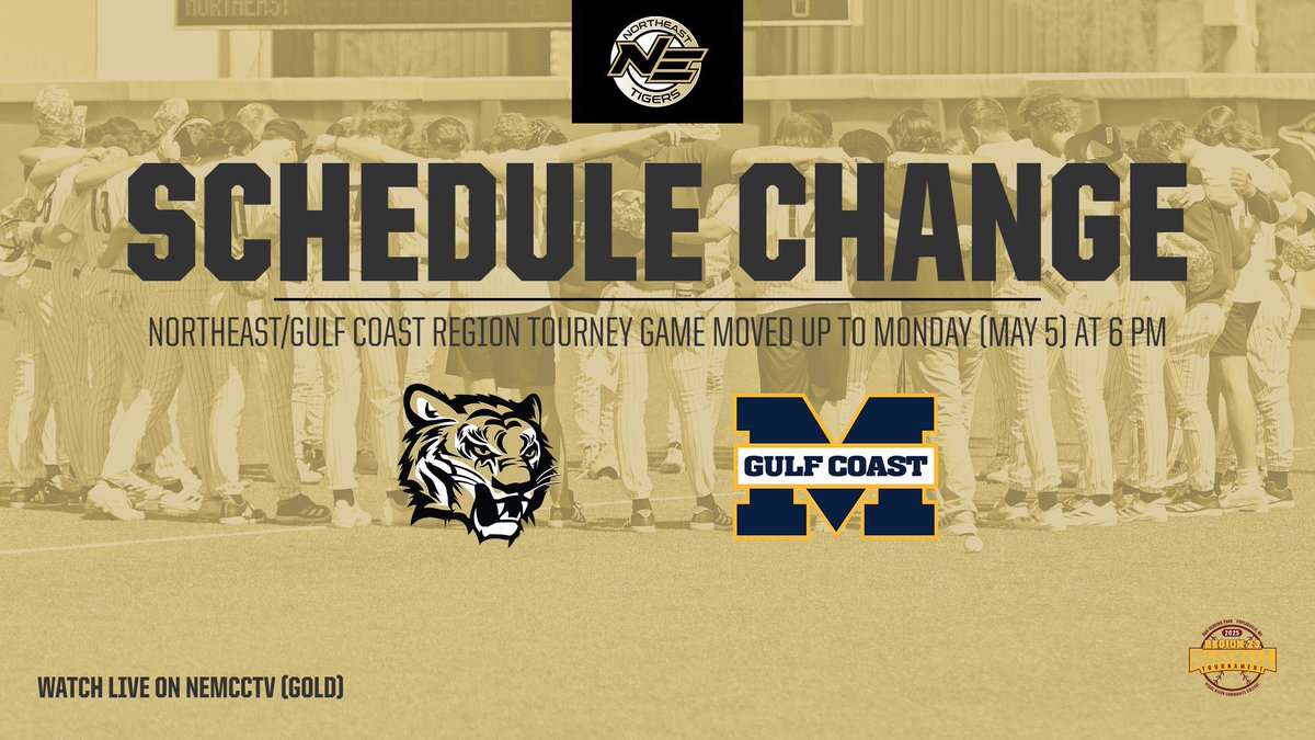 Northeast Tigers (@nemcctigers) on Twitter photo BSB | SCHEDULE CHANGE: <a href="/NEMCCBASEBALL/">Northeast Baseball</a>’s opening game in the region tournament against Mississippi Gulf Coast will now be played on Monday night at 6 pm due to incoming inclement weather.
The Tigers’ second game will still take place on Wednesday at either 2/6 pm.
🐯 #TigerTown BSB | SCHEDULE CHANGE: <a href="/NEMCCBASEBALL/">Northeast Baseball</a>’s opening game in the region tournament against Mississippi Gulf Coast will now be played on Monday night at 6 pm due to incoming inclement weather.
The Tigers’ second game will still take place on Wednesday at either 2/6 pm.
🐯 #TigerTown