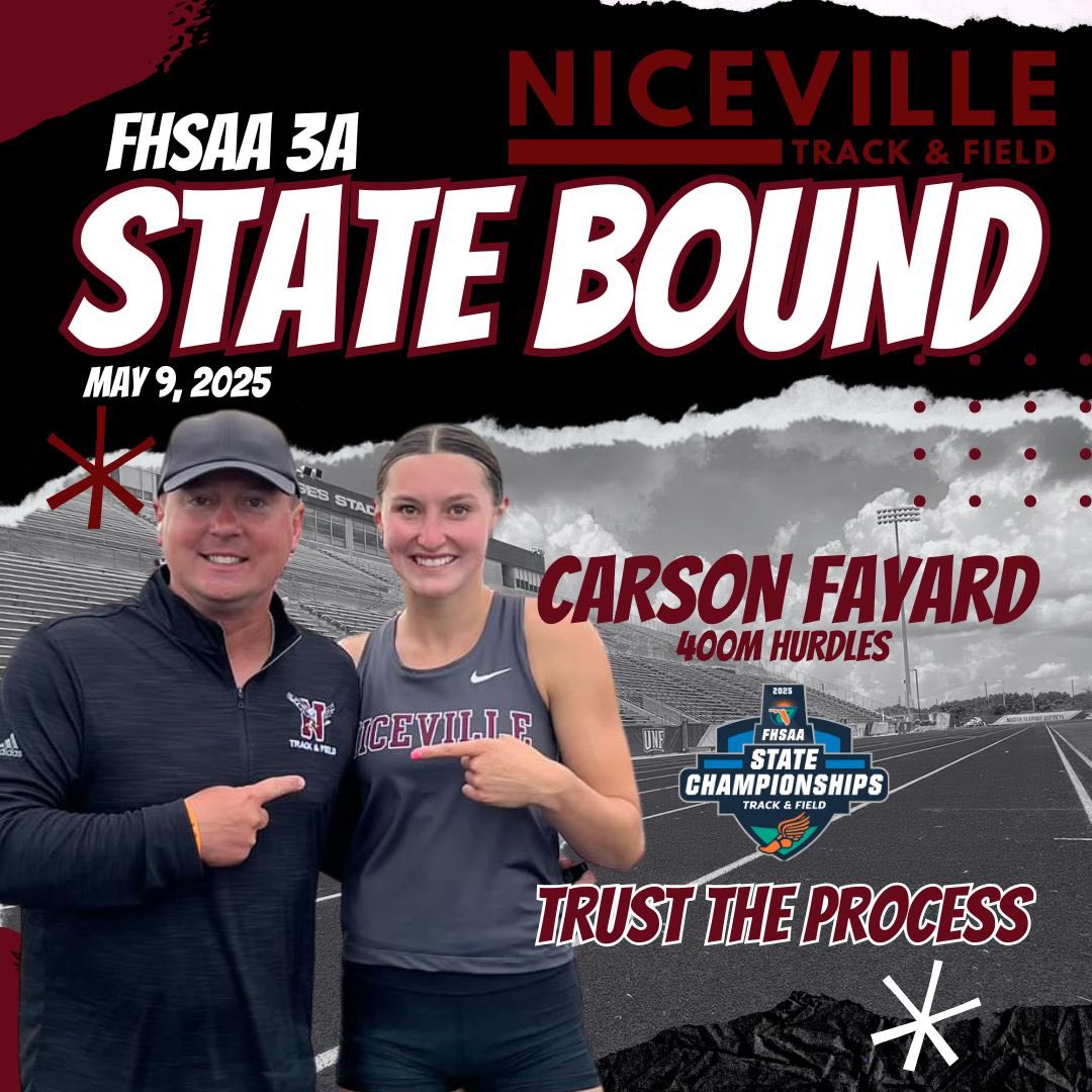 Niceville Track & Field (@nicevilletrack) on Twitter photo THE PROCESS WAS TRUSTED!
STATE BOUND!
Carson Fayard is on her way to the FHSAA 3A State Championships in the 400m Hurdles! With power, precision, and relentless grit, she’s earned her spot at UNF.
Let’s go, Carson! <a href="/todd_brigman/">Todd Brigman</a> <a href="/CoachWebb1337/">Coach Emily Webb</a> <a href="/NicevilleEagles/">Niceville Eagle Athletics (ESPI)</a> THE PROCESS WAS TRUSTED!
STATE BOUND!
Carson Fayard is on her way to the FHSAA 3A State Championships in the 400m Hurdles! With power, precision, and relentless grit, she’s earned her spot at UNF.
Let’s go, Carson! <a href="/todd_brigman/">Todd Brigman</a> <a href="/CoachWebb1337/">Coach Emily Webb</a> <a href="/NicevilleEagles/">Niceville Eagle Athletics (ESPI)</a>