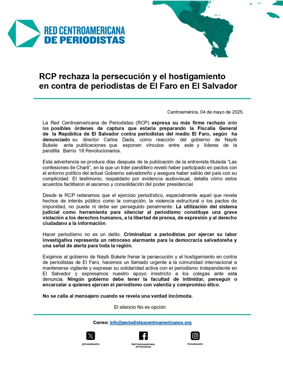 Red Centroamericana Periodistas, ARCP (@periodistasca) on Twitter photo 🚨🇸🇻| La Red Centroamericana de Periodistas expresa su más firme rechazo ante las posibles órdenes de captura que estaría preparando la <a href="/FGR_SV/">Fiscalía General de la República El Salvador</a> contra periodistas de <a href="/_elfaro_/">El Faro</a>, tras la publicación que expone vínculos del gobierno de <a href="/nayibbukele/">Nayib Bukele</a> con líderes de la pandilla 18 👇 🚨🇸🇻| La Red Centroamericana de Periodistas expresa su más firme rechazo ante las posibles órdenes de captura que estaría preparando la <a href="/FGR_SV/">Fiscalía General de la República El Salvador</a> contra periodistas de <a href="/_elfaro_/">El Faro</a>, tras la publicación que expone vínculos del gobierno de <a href="/nayibbukele/">Nayib Bukele</a> con líderes de la pandilla 18 👇