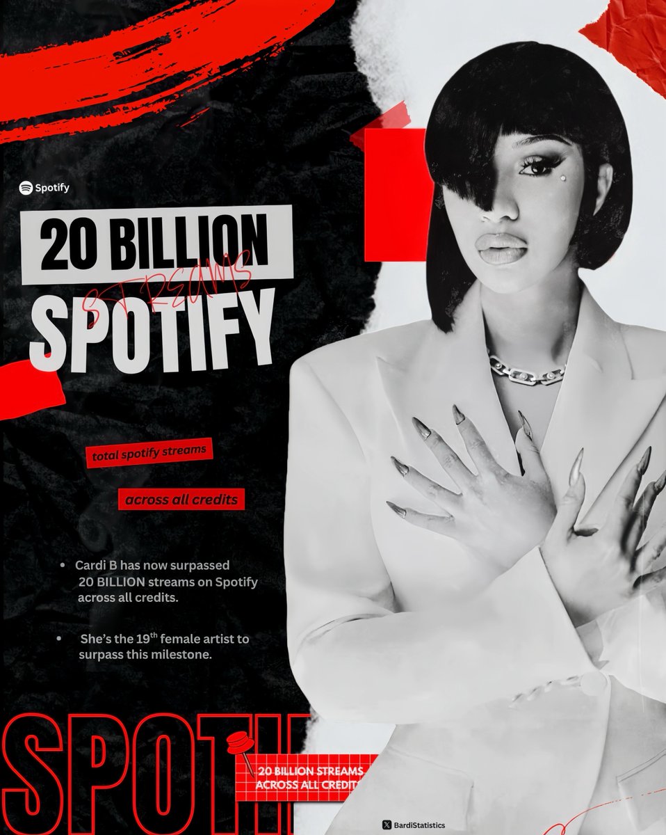 BardiStatistics's tweet image. .@iamcardib has now surpassed 20 BILLION Spotify streams across all credits.
— She’s the 19th female artist in history to surpass this milestone.