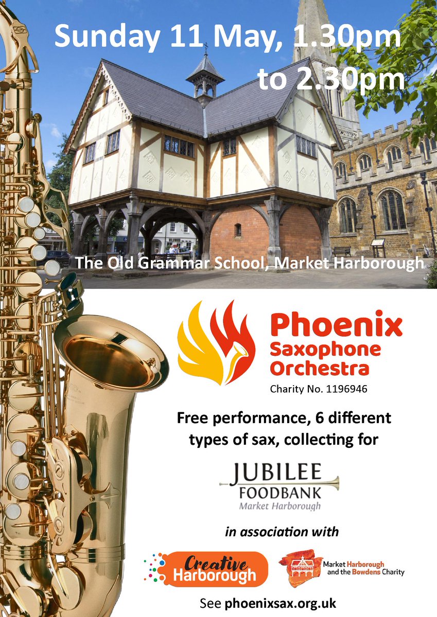 PhoenixSaxOrg's tweet image. We're doing a free 1 hour pop-up concert at the Old Grammar School in Harborough next Sunday, collecting for the Jubilee Foodbank! Come along and see us 🎷😊 @MarketHBCharity #creativeharborough @AllHarborough @HarbMail @hfmnews @harboroughvisit