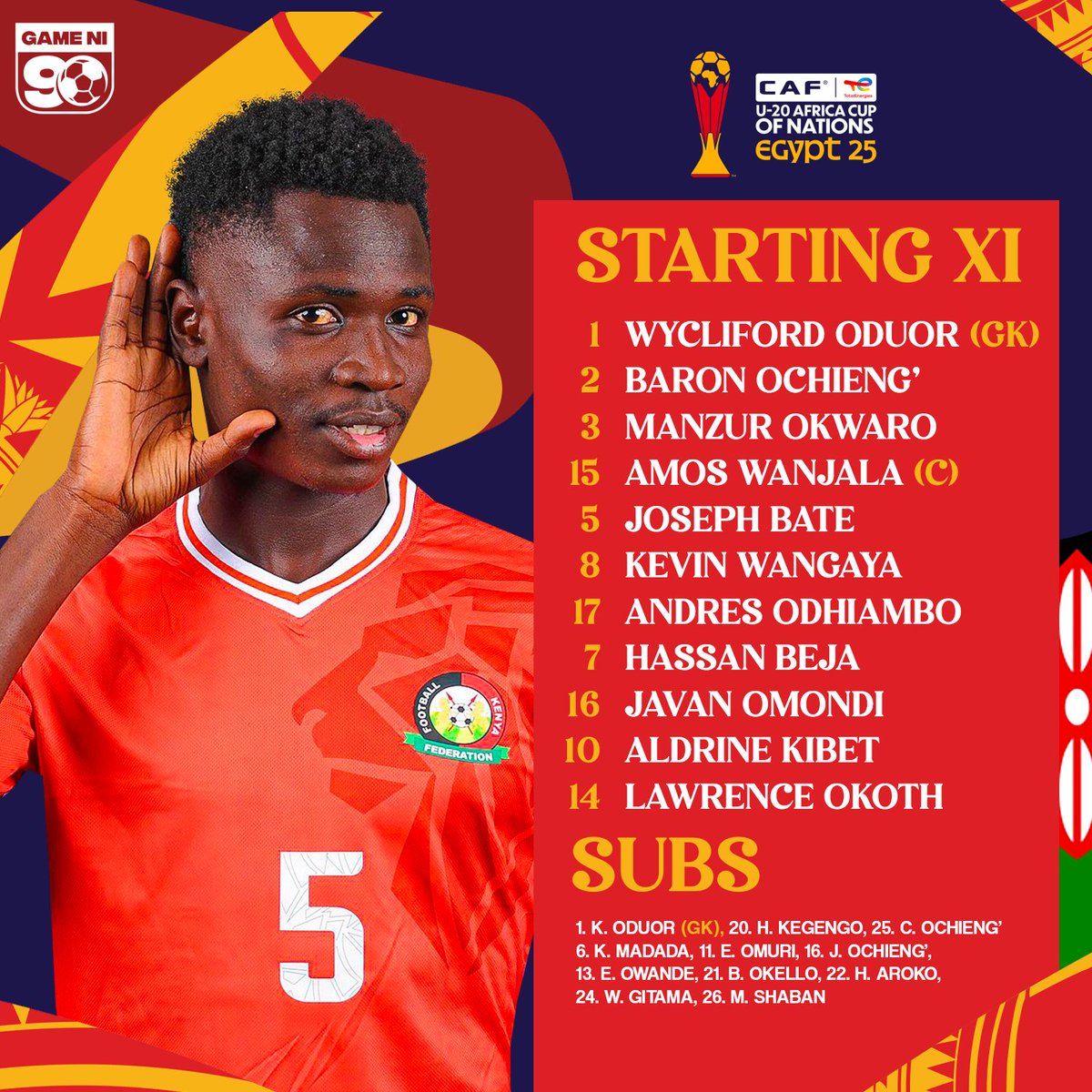 ⚽🇰🇪 | Here’s our starting XI vs 🇹🇳 Tunisia! 🔥

📥 Collins Ochieng &amp; Elly Owande drop to the bench
👊 Joseph Bate &amp; Javan Omondi step in
↔️ Manzur Okwaro shifts to left back
🛡️ Bate teams up with Amos Wanjala at centre back

#GameNi90 #TotalEnergiesAFCONU20