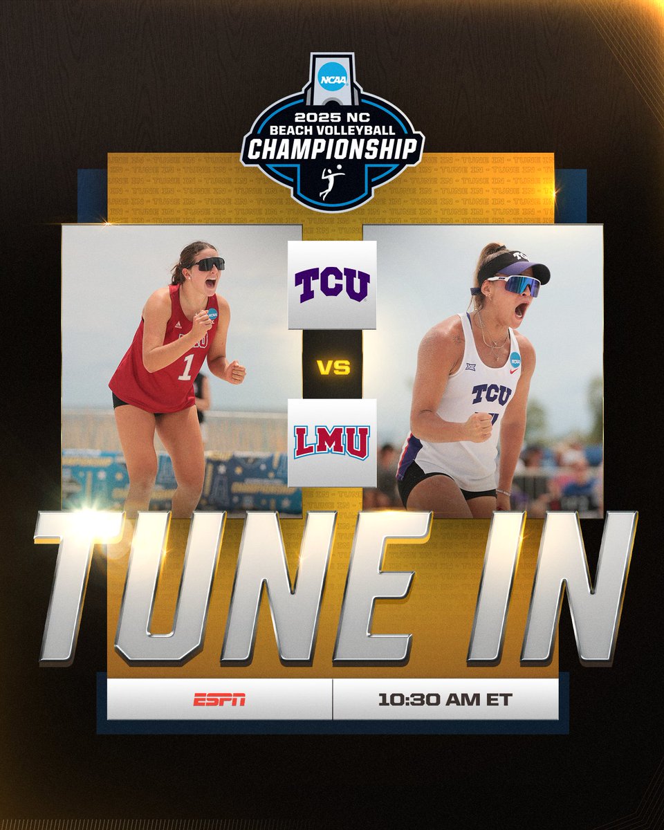 NCAA Women's Volleyball (@ncaavolleyball) on Twitter photo TUNE IN 🌴🏐
(4) <a href="/lmulionsBeach/">LMU Beach Volleyball</a> 🆚 (2) <a href="/TCUBeachVB/">TCU Beach Volleyball</a>
⏰ 10:30 AM ET
📺 ESPN
🎟️ on.ncaa.com/beach-volleyba…
#NCAABeachVB TUNE IN 🌴🏐
(4) <a href="/lmulionsBeach/">LMU Beach Volleyball</a> 🆚 (2) <a href="/TCUBeachVB/">TCU Beach Volleyball</a>
⏰ 10:30 AM ET
📺 ESPN
🎟️ on.ncaa.com/beach-volleyba…
#NCAABeachVB