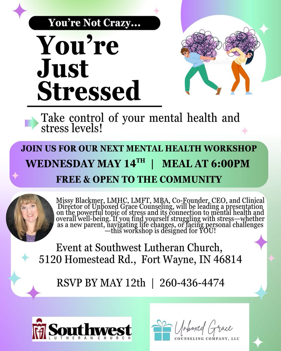 SWLutheran's tweet photo. Plan to join us for the FREE Mental Health Workshop about Stress Management --
'You're Not Crazy...You're Just Stressed' - May 14th with a meal served at 6pm. https://t.co/qtD5yLVgyF