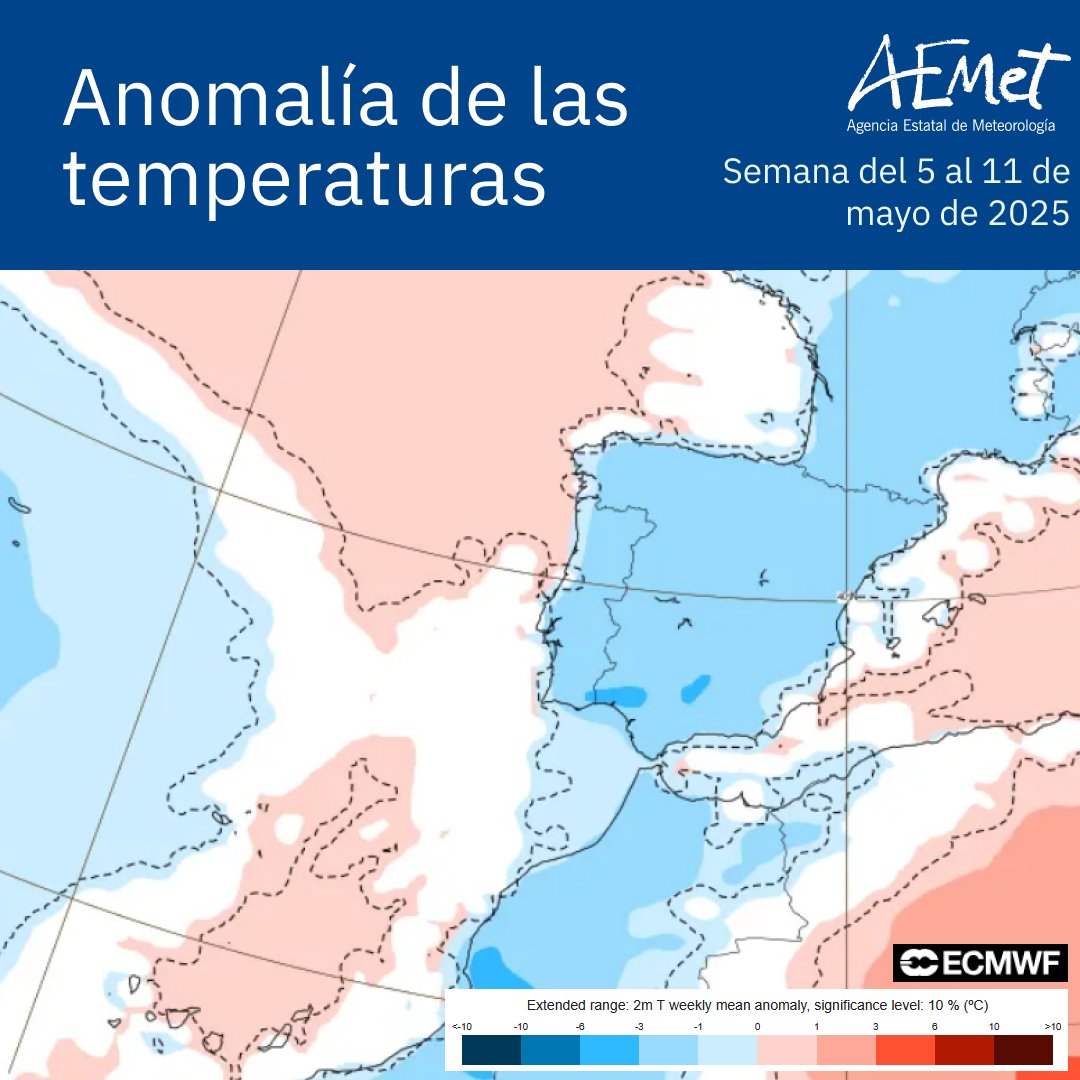 ⛈️ Semana del 5 al 11 de mayo con tiempo inestable: los chubascos acabarán por llegar a la práctica totalidad del territorio. Serán más abundantes en el norte y oeste de la Península.

🌡️⏬ Las temperaturas serán bajas para la época del año. Nevará y helará en zonas de montaña.
