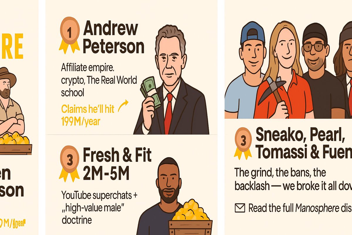 The manosphere is the new gold rush

<a href="/Cobratate/">Andrew Tate</a> Tate’s selling escape plans.
<a href="/jordanbpeterson/">Dr Jordan B Peterson</a>  Peterson’s selling meaning.
<a href="/MyronGainesX/">Myron Gaines</a> Fresh &amp; Fit? Selling chaos.
<a href="/pearlythingz/">H. Pearl Davis</a> Davis is banking off backlash.

We crunched the numbers. It’s not a movement—it’s a business.
👇🏾